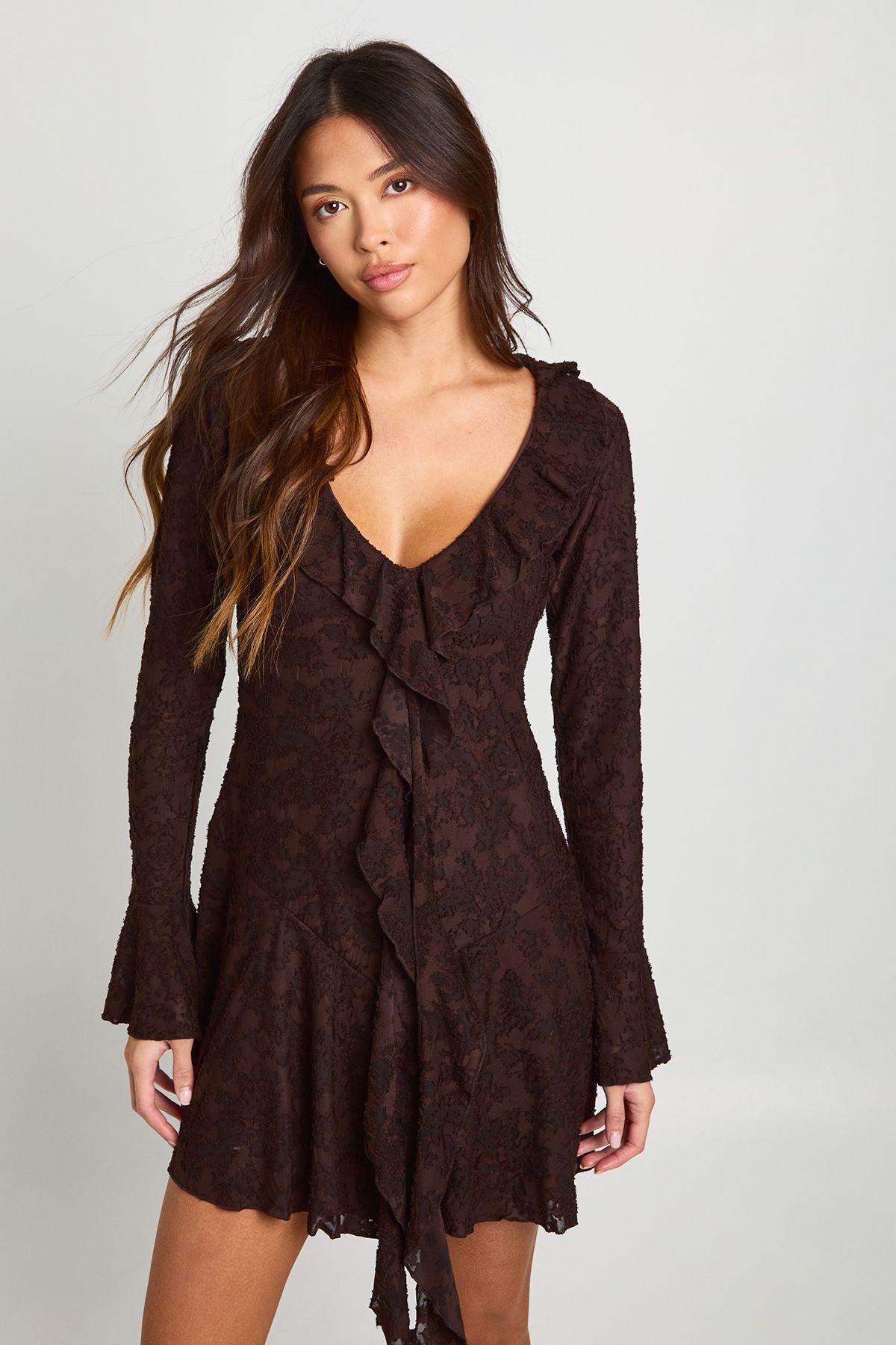 Burnout Floral Ruffle Front Mini Dress by BOOHOO