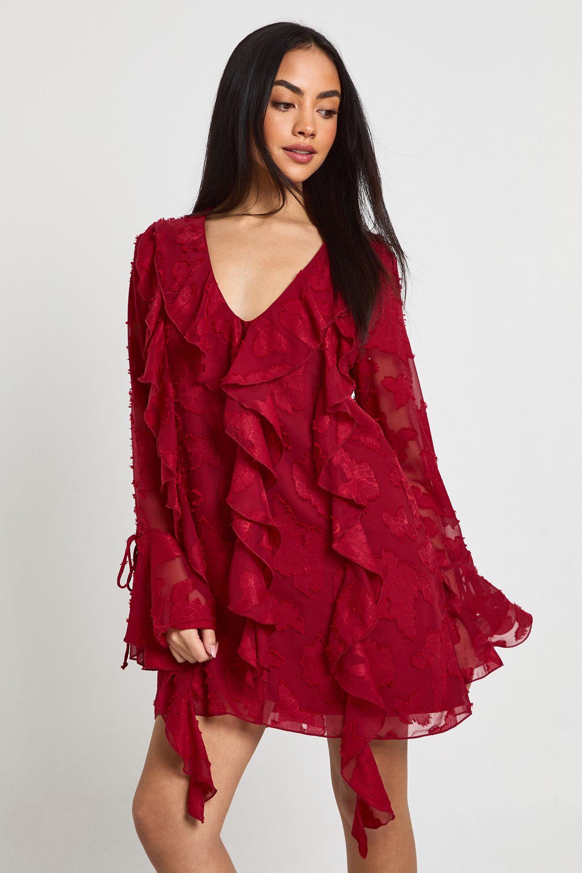 Burnout Floral Ruffle Shift Dress by BOOHOO