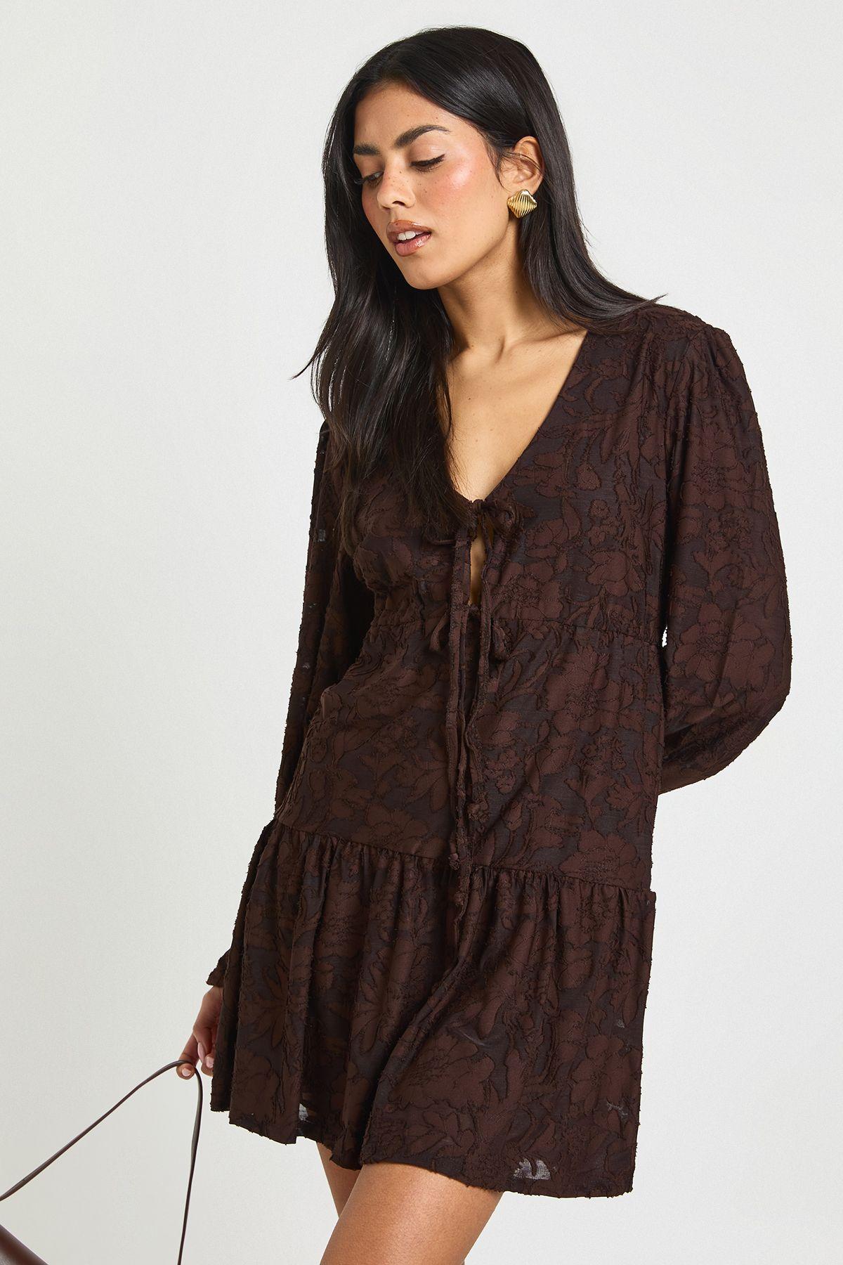 Burnout Floral Tie Front Smock Dress by BOOHOO