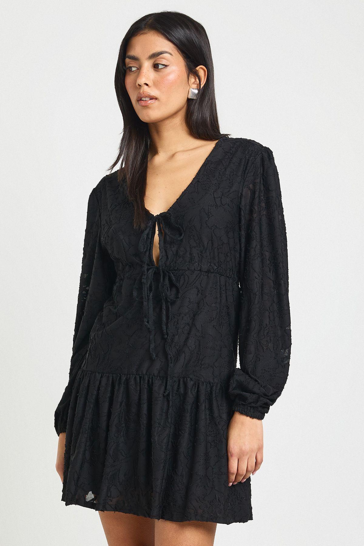 Burnout Floral Tie Front Smock Dress by BOOHOO