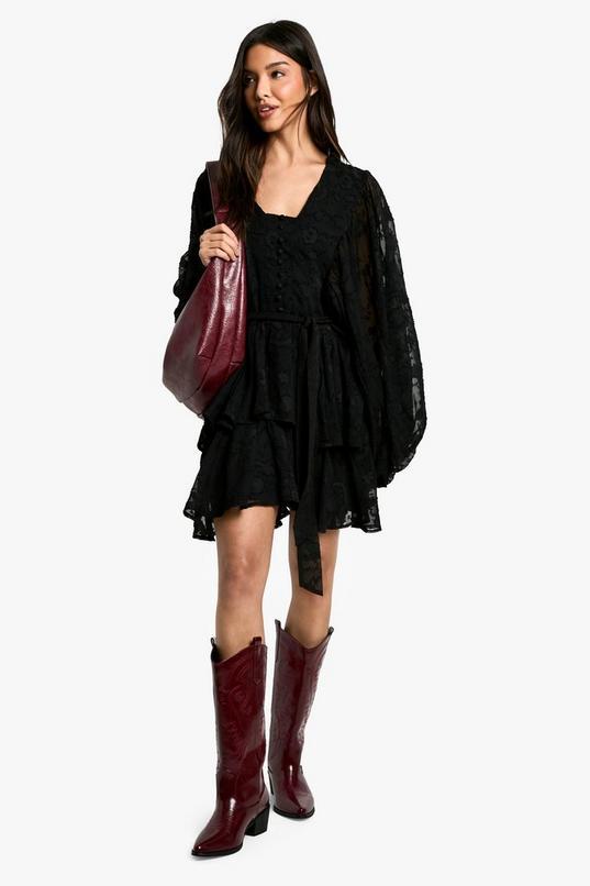 Burnout Paisley Tiered Belted Skater Dress by BOOHOO