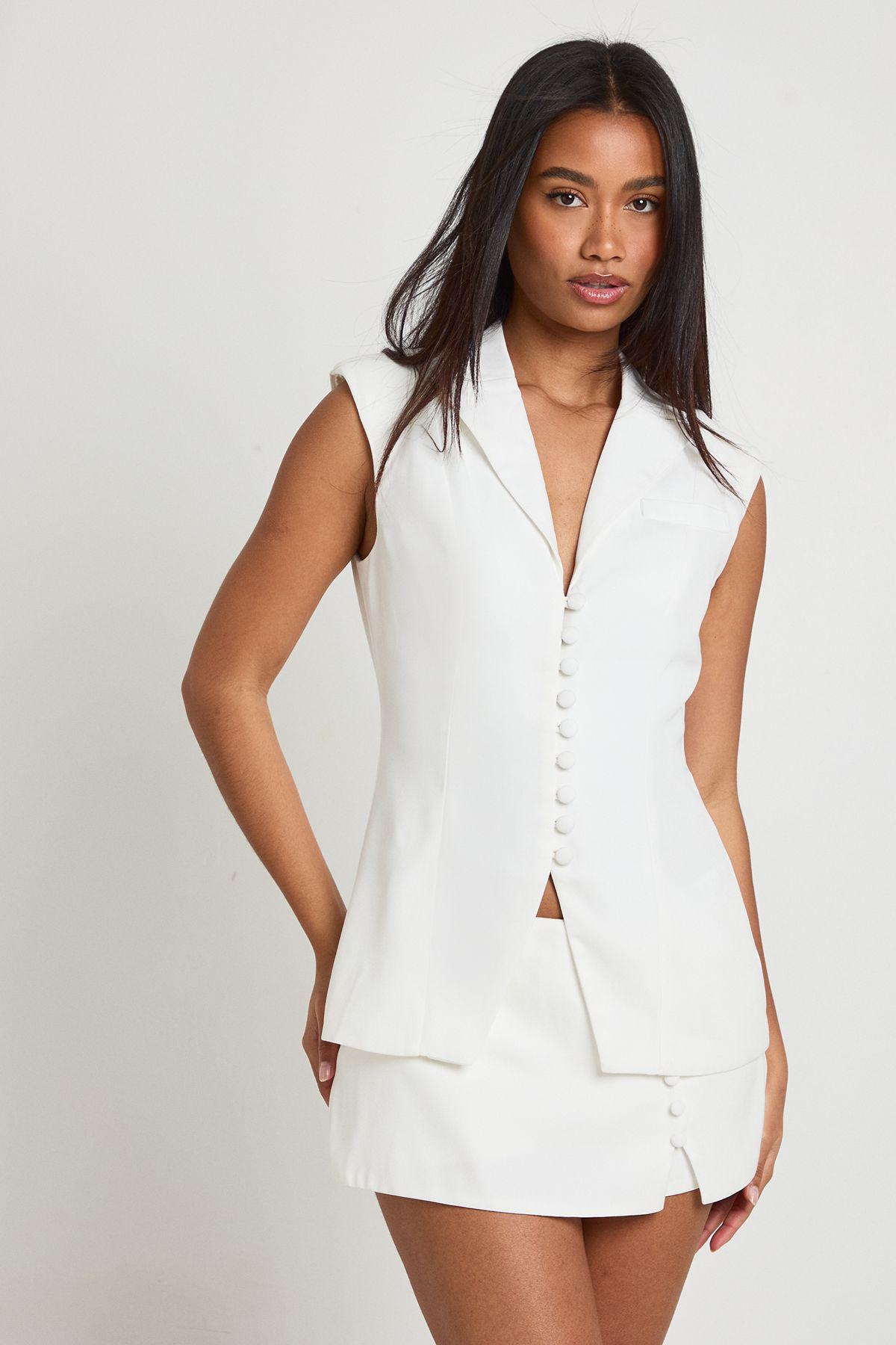 Button Detail Cinched Waistcoat by BOOHOO