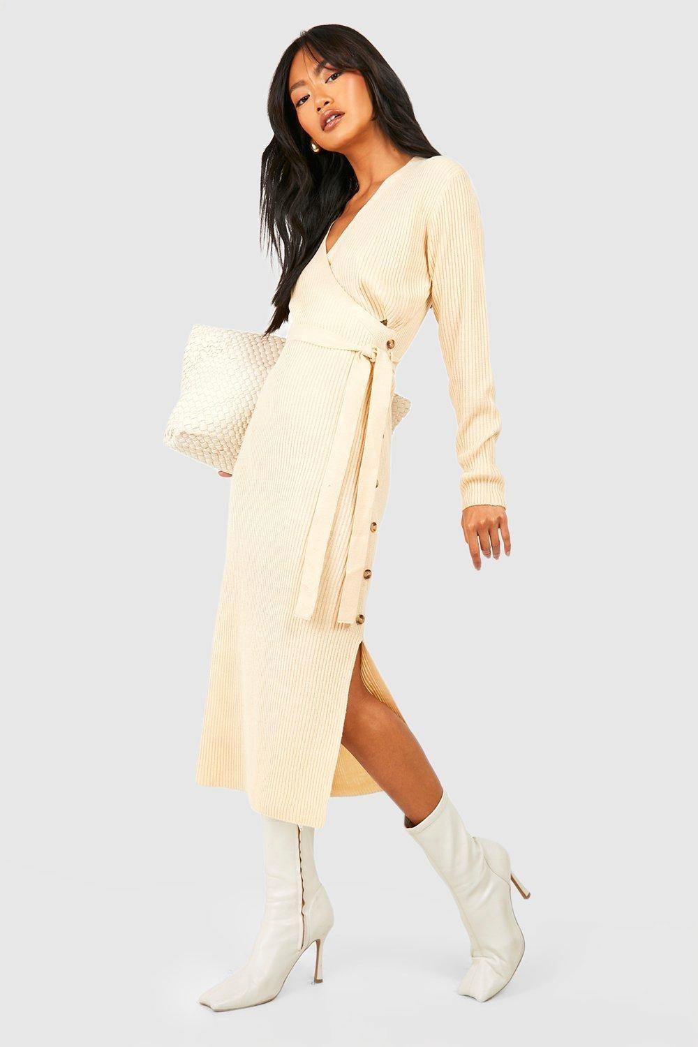 Button Detail Wrap Rib Midaxi Knitted Dress by BOOHOO