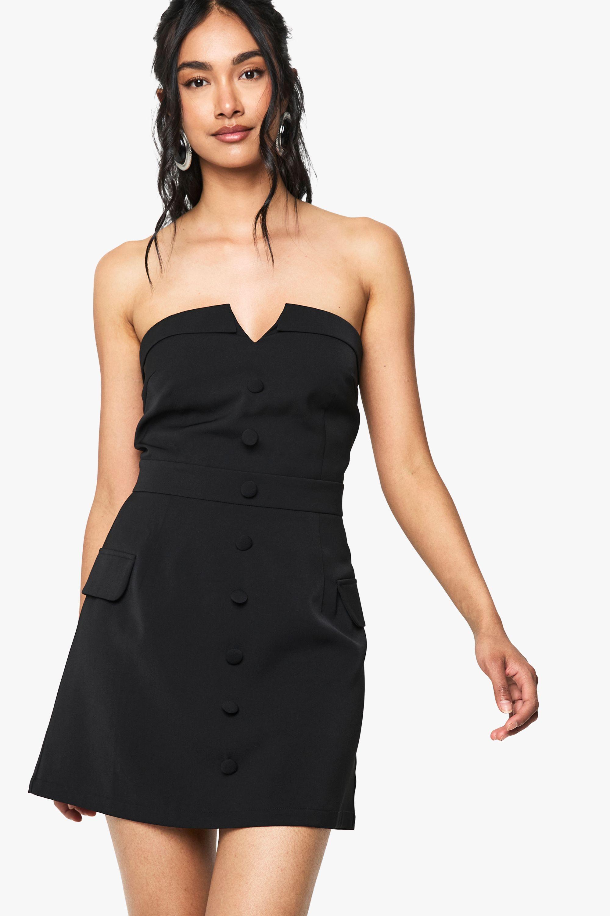 Button Front Bandeau Tailored Mini Dress by BOOHOO