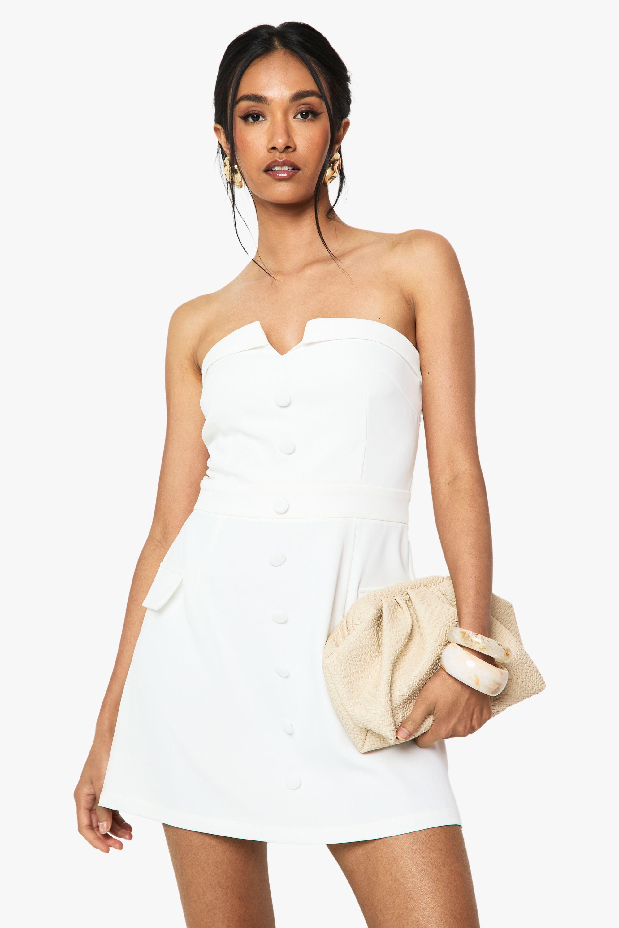 Button Front Bandeau Tailored Mini Dress by BOOHOO