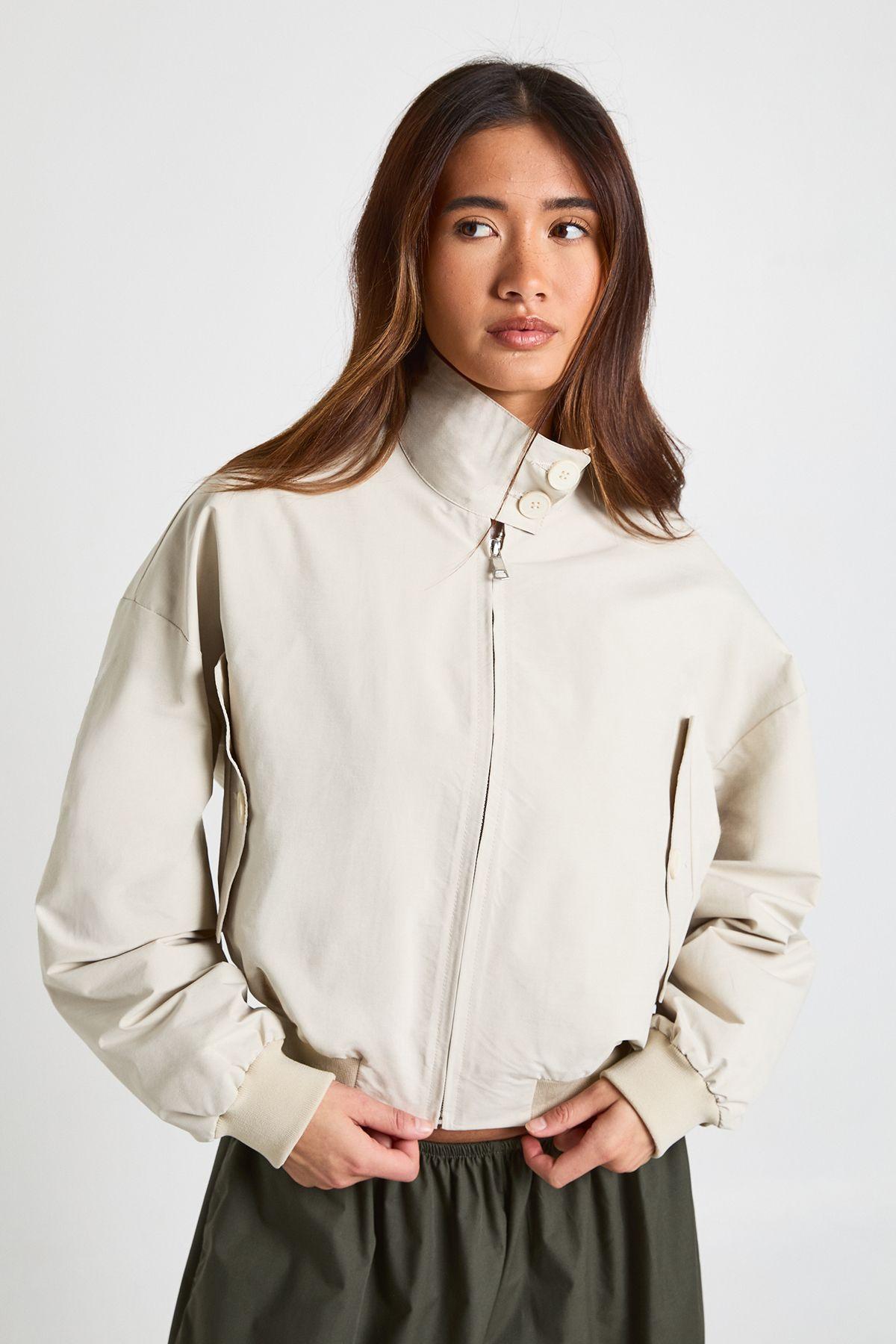 Button Funnel Neck Lightweight Bomber Jacket by BOOHOO