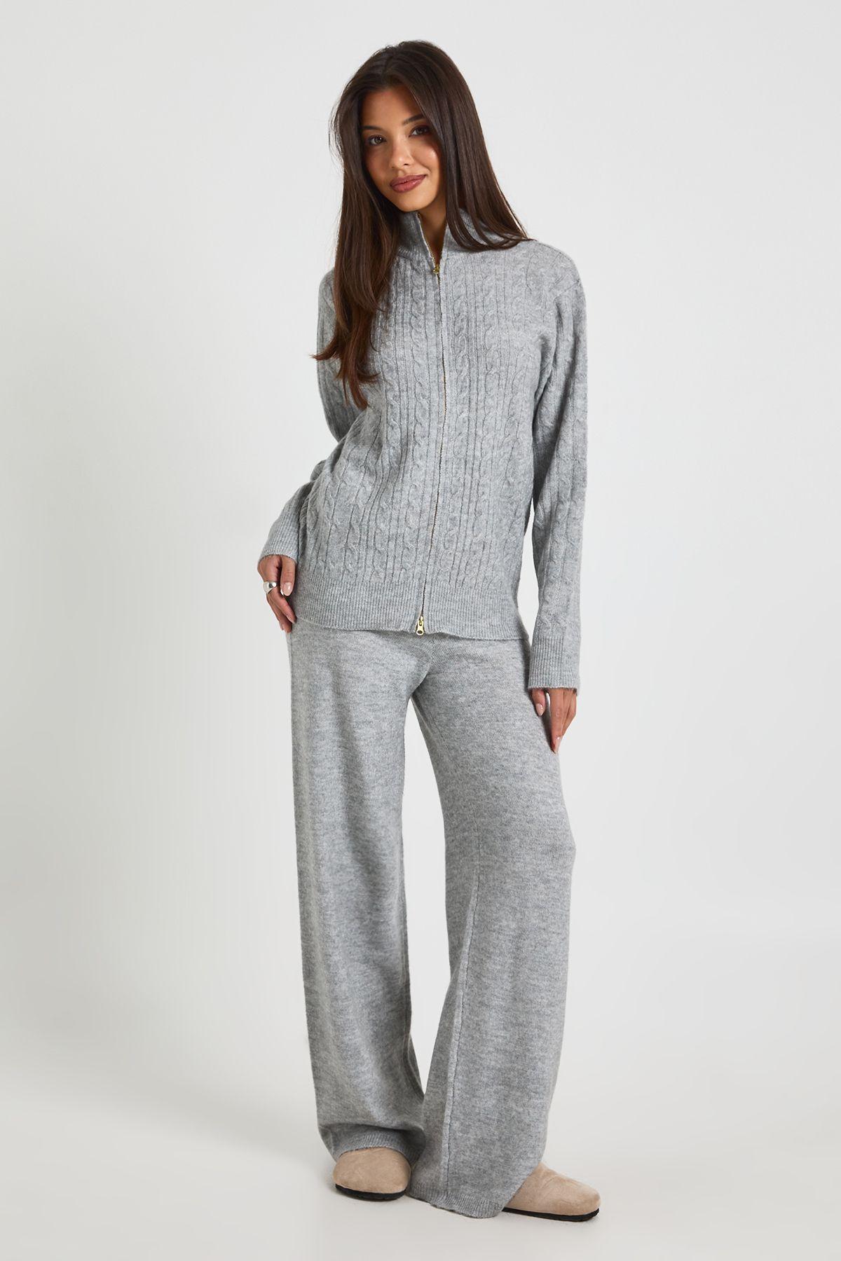 Cable Knit Zip Through High Neck Jumper and Straight Leg Trouser Co-Ord by BOOHOO
