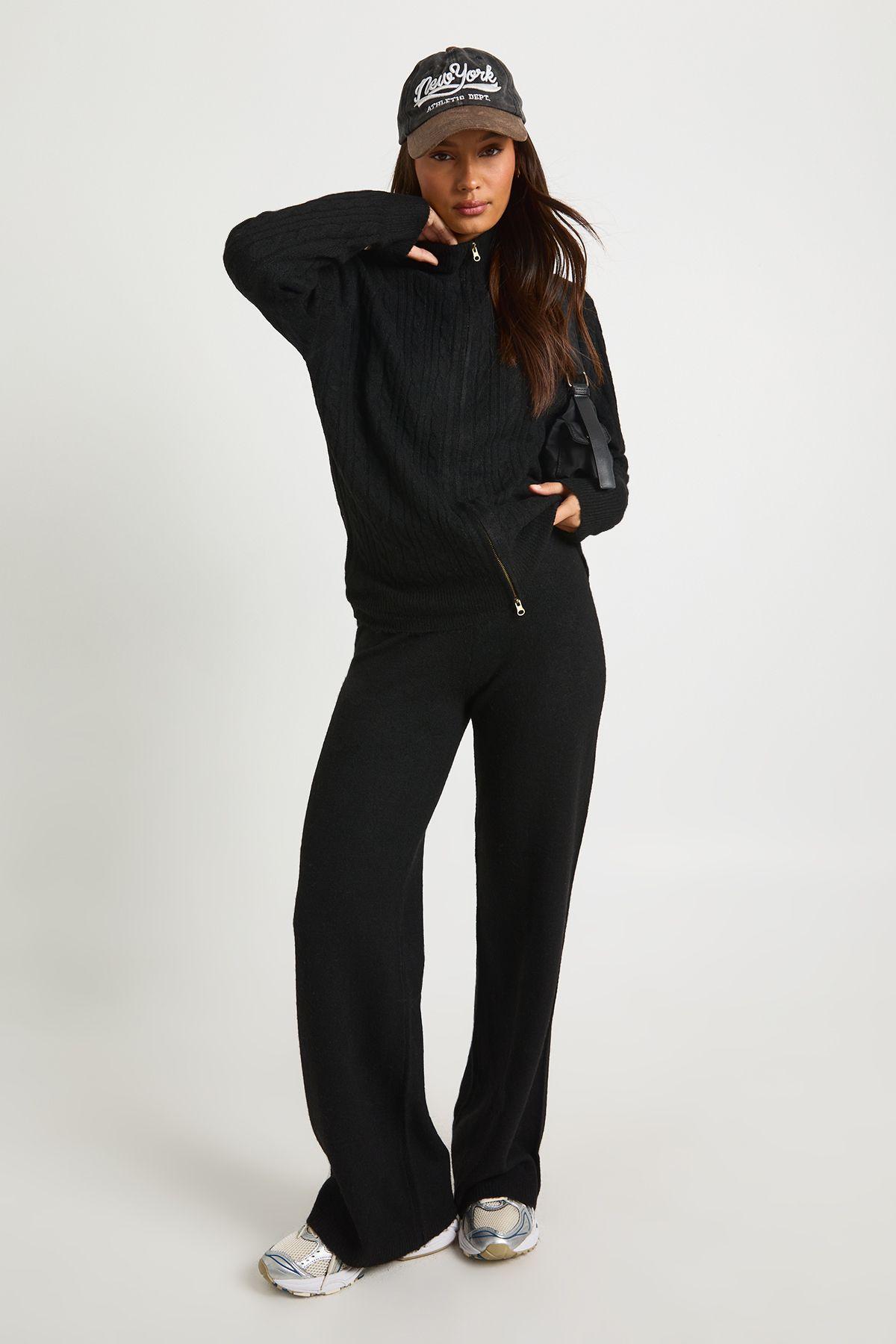 Cable Knit Zip Through High Neck Jumper and Straight Leg Trouser Co-Ord by BOOHOO Cable Knit Zip Through High Neck Jumper and Straight Leg Trouser Co-Ord by BOOHOO