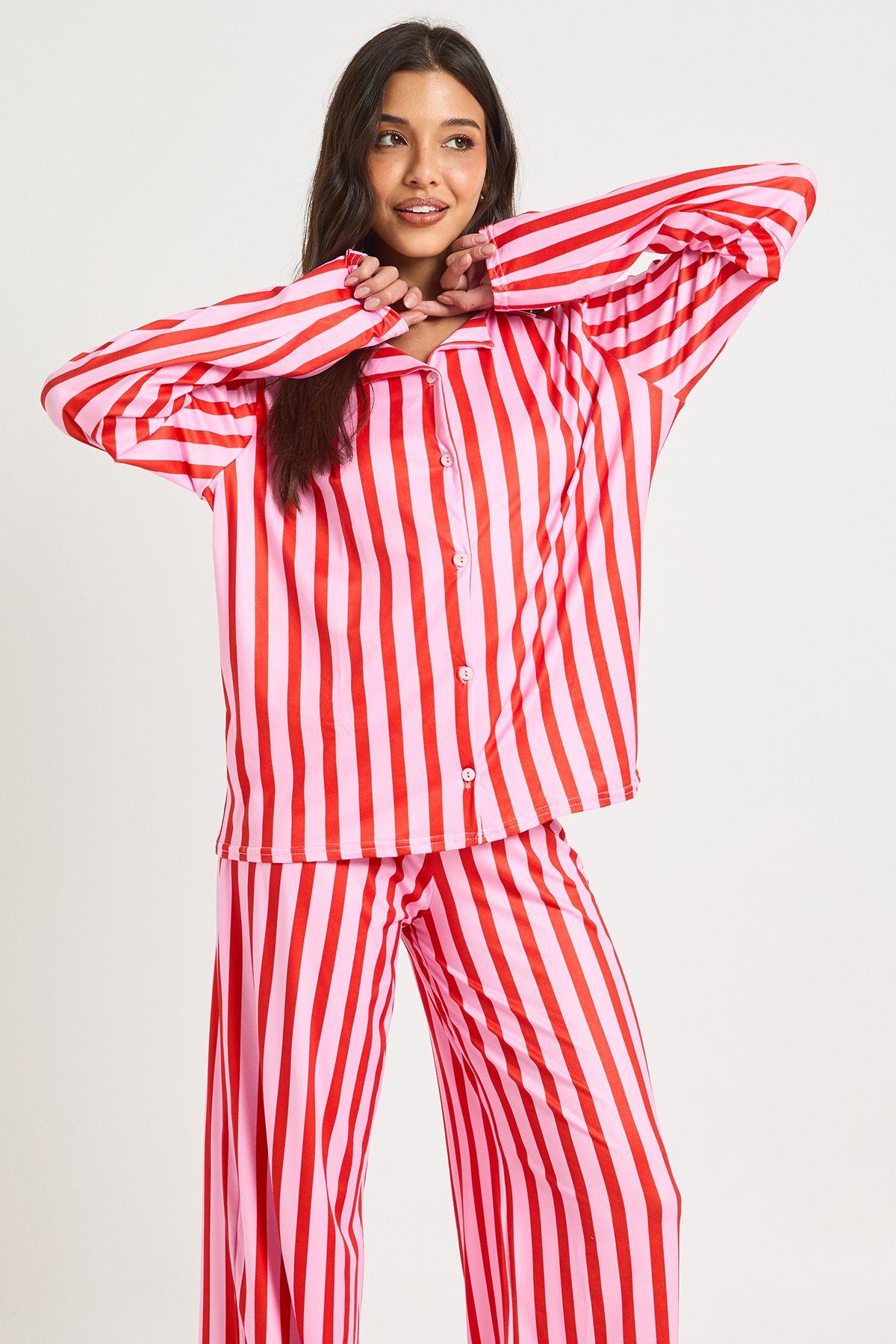 Candy Stripe Long Sleeve Shirt & Trousers Pyjama Set by BOOHOO