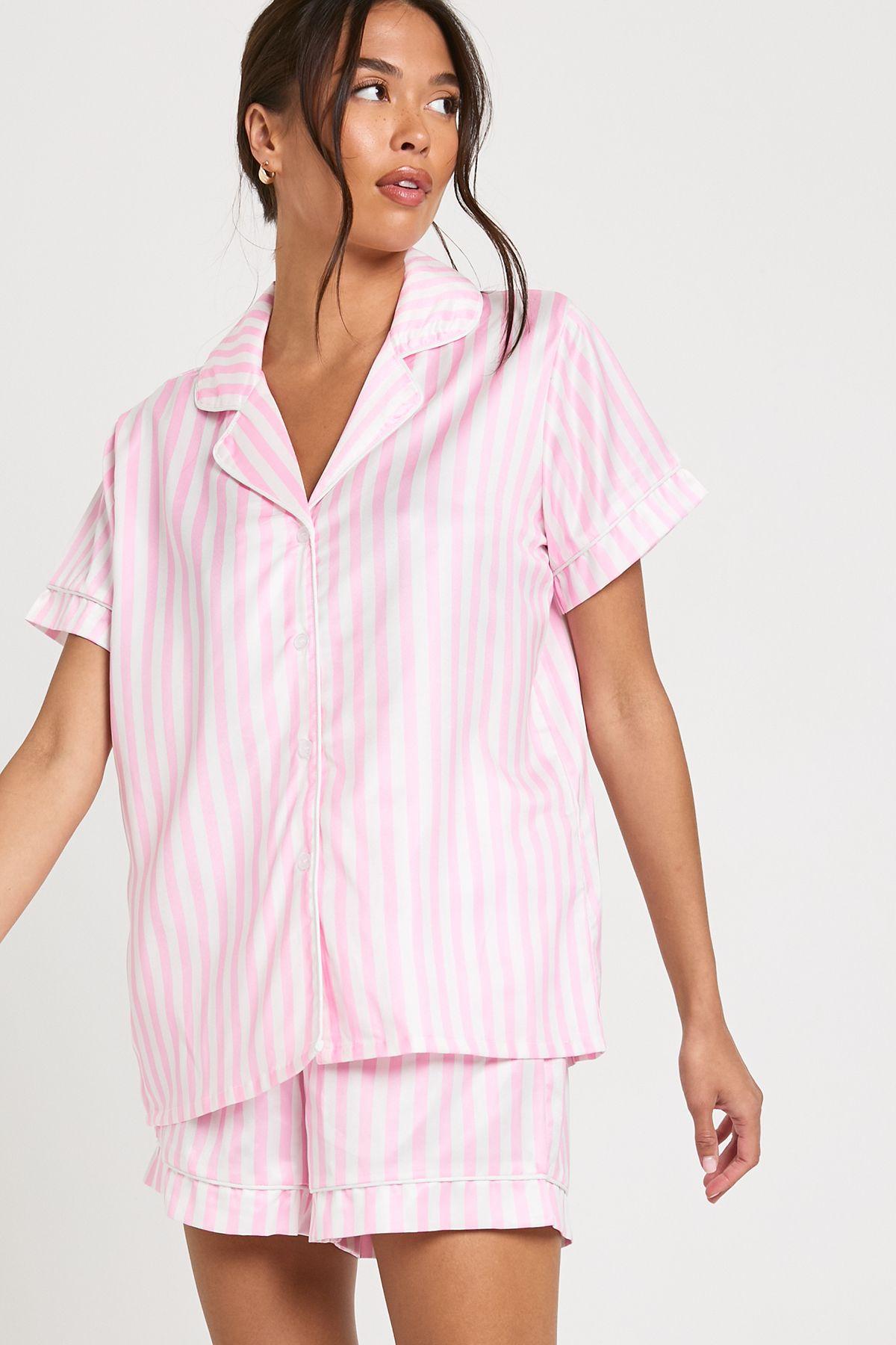 Candy Stripe Satin Short Sleeve Shirt & Shorts Pyjama Set by BOOHOO