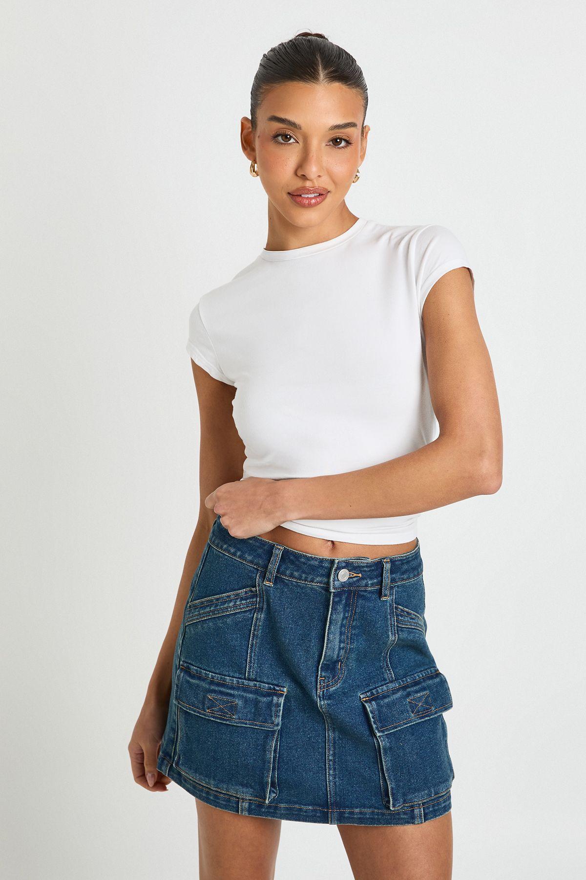 Cargo Denim Mini Skirt by BOOHOO