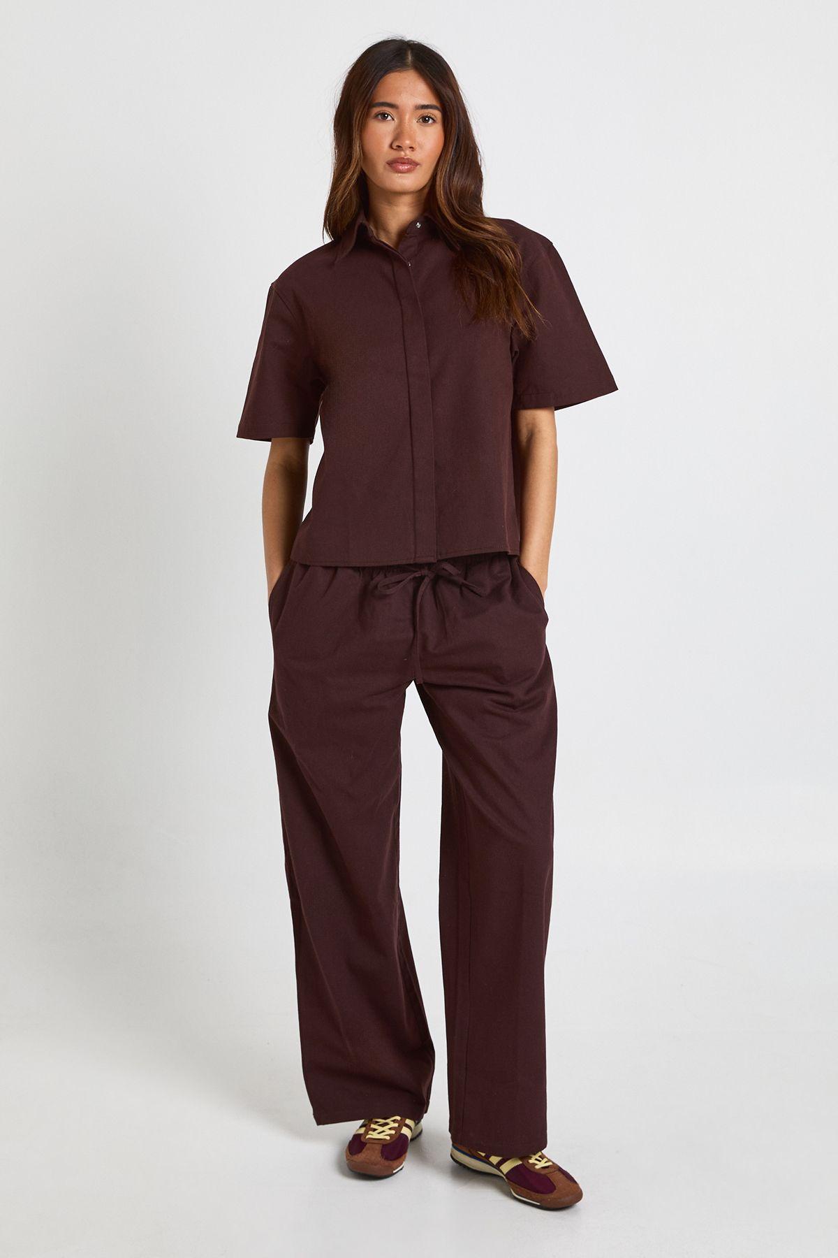 Chambray Drawcord Wide Leg Trousers by BOOHOO