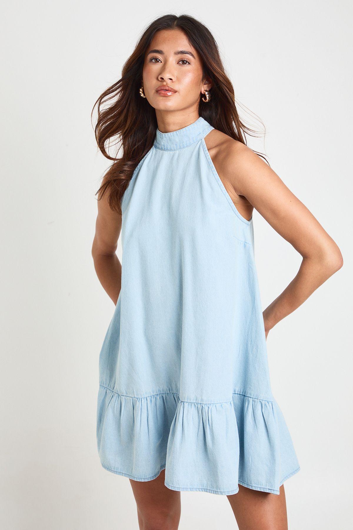 Chambray Halter Smock Dress by BOOHOO