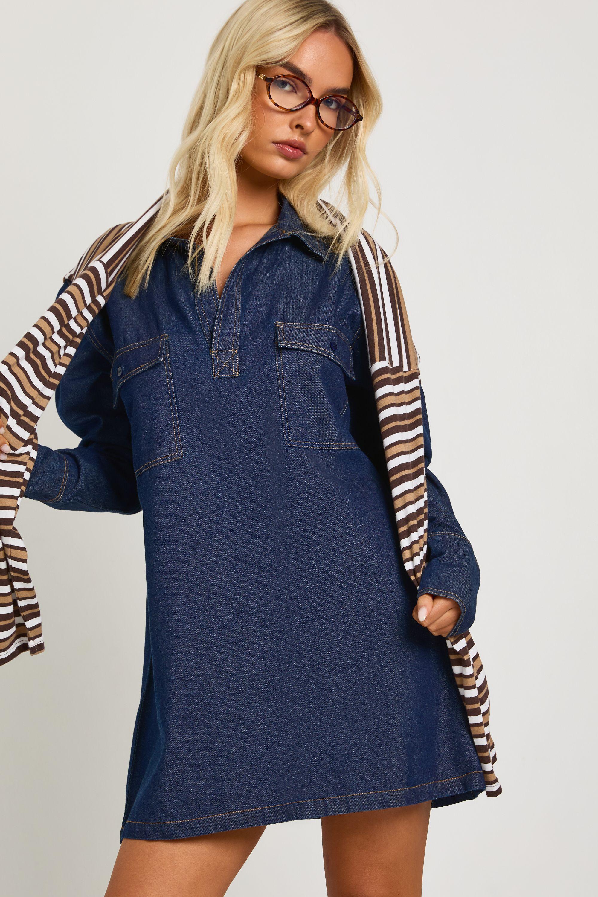 Chambray Oversized Pocket V Neck Shirt Dress by BOOHOO