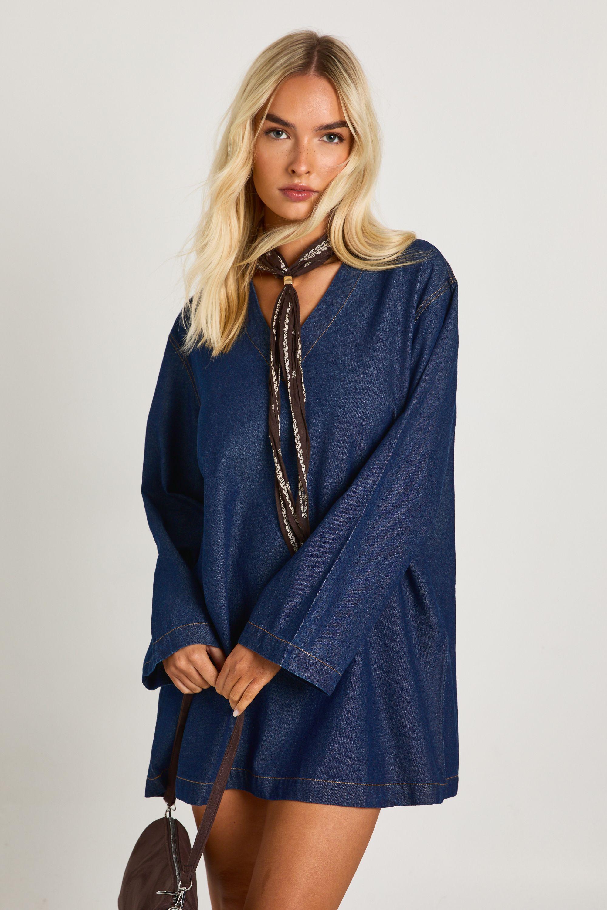 Chambray Oversized V Neck Shirt Dress by BOOHOO