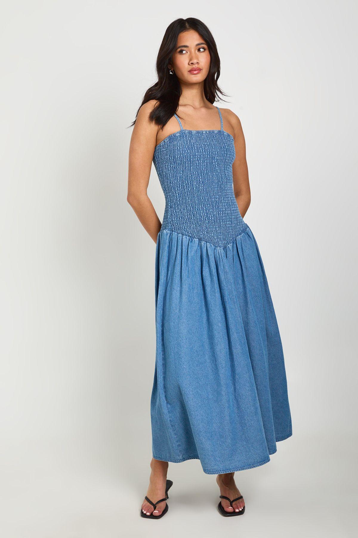 Chambray  Shirred Midaxi Skater Dress by BOOHOO