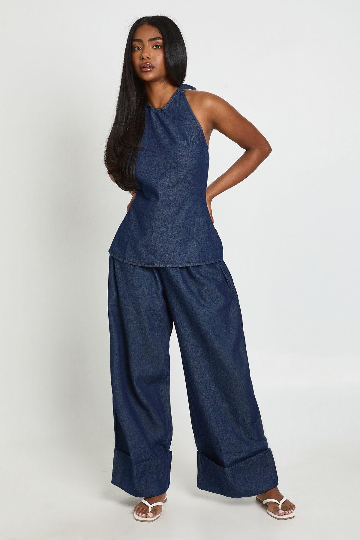 Chambray Tie Halterneck Top & Turnup Wide Leg Trousers by BOOHOO