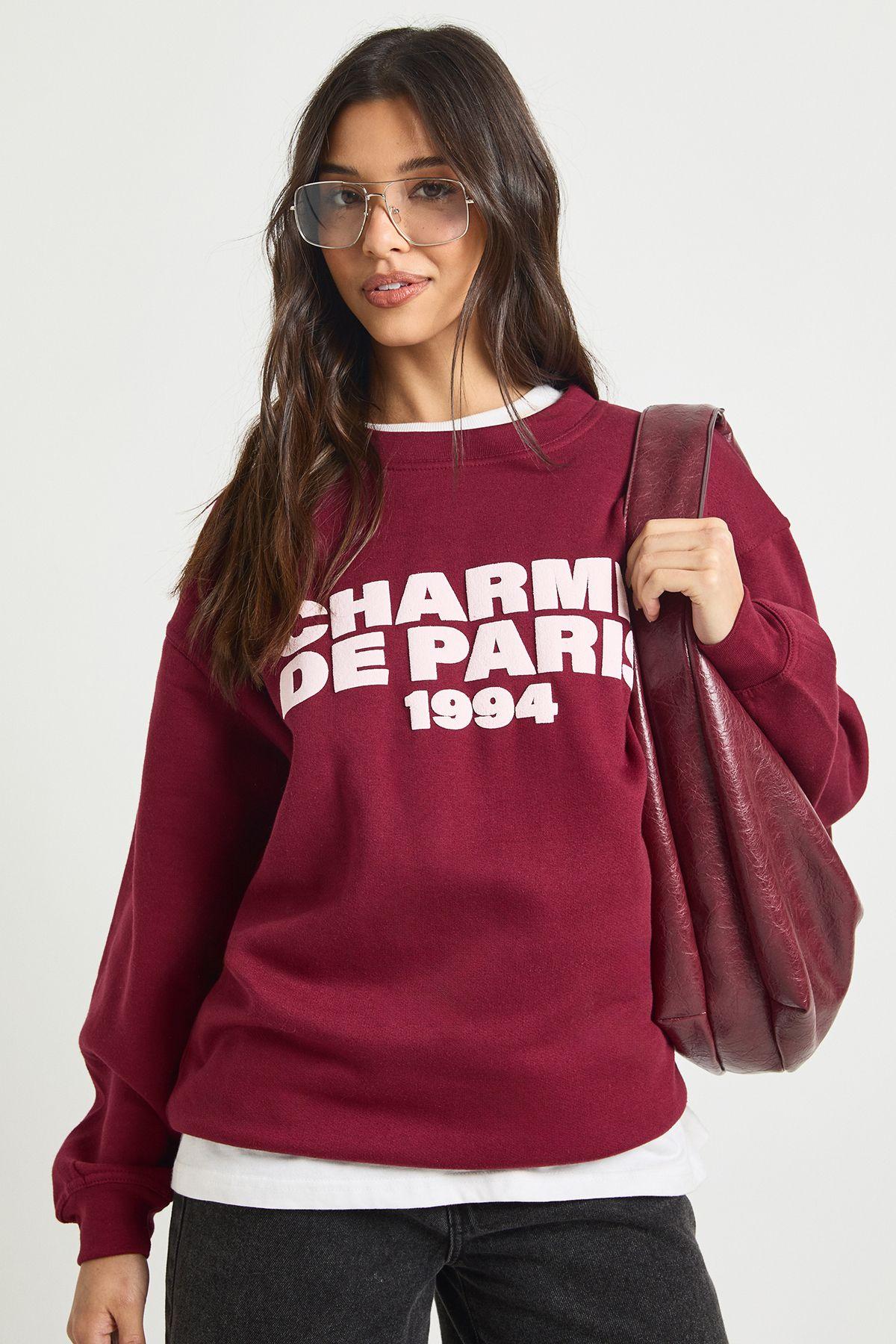 Charme De Paris Puff Printed Crew Neck Sweatshirt by BOOHOO