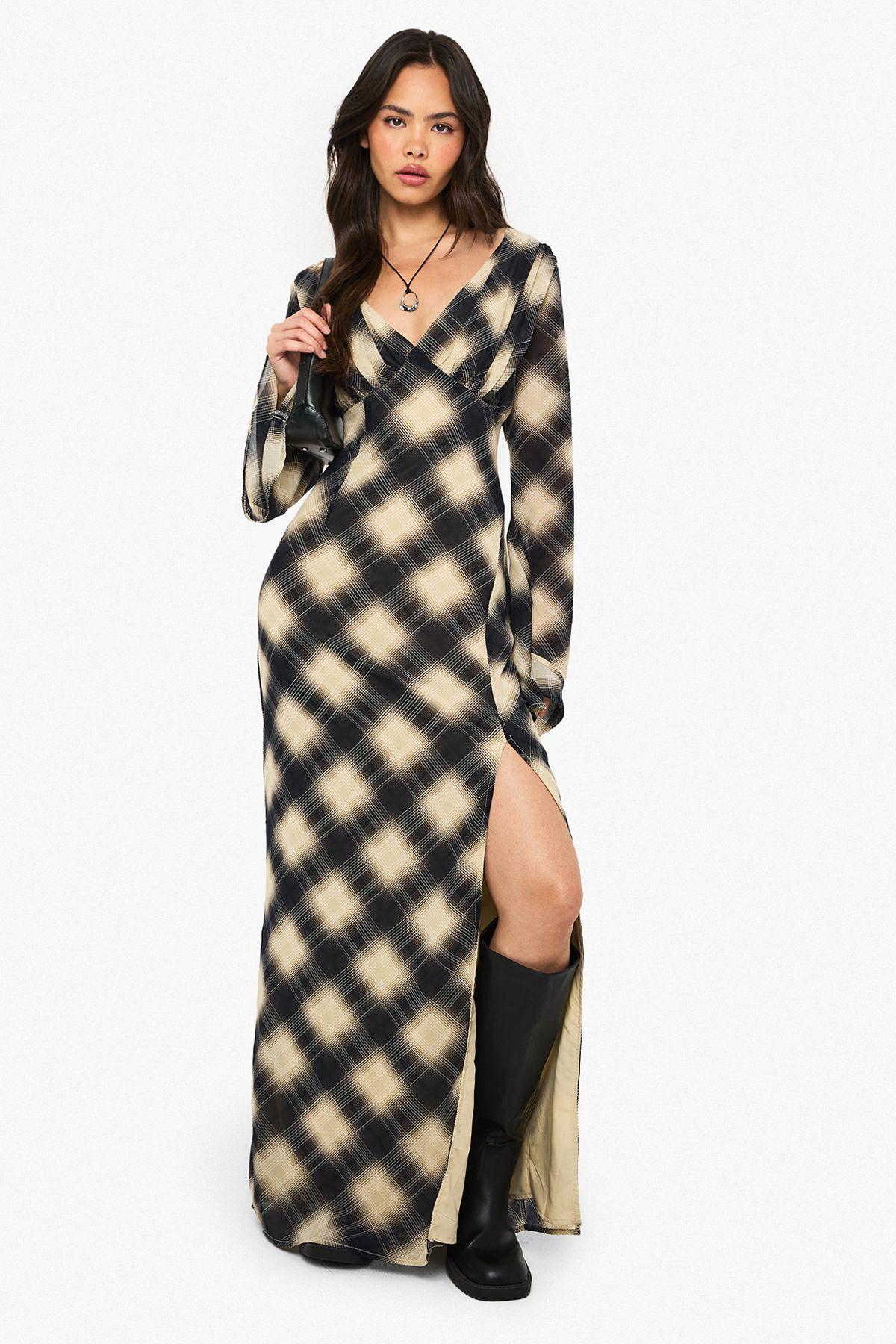 Check Chiffon Plunge Maxi Dress by BOOHOO