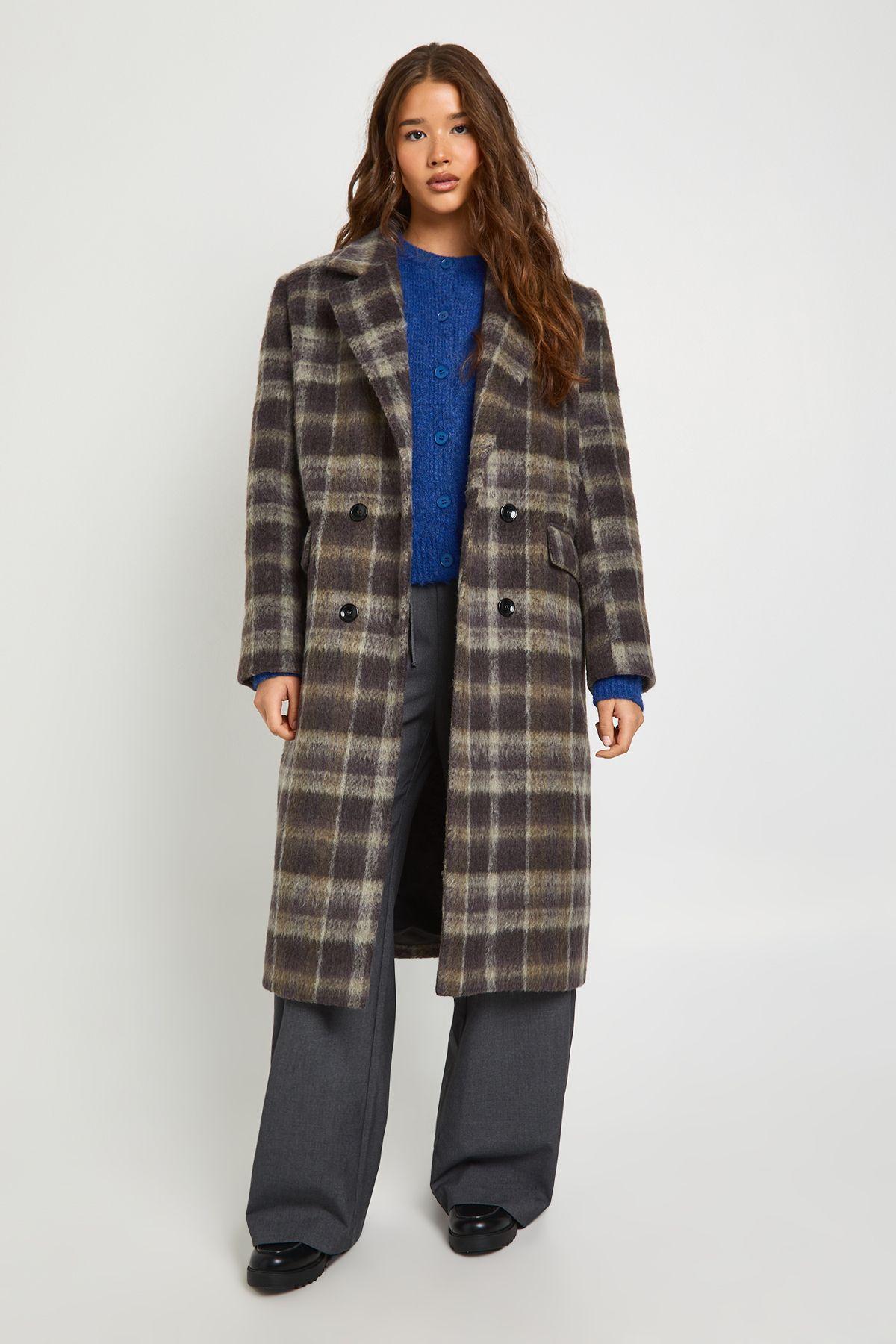 Check Double Breasted Wool Look Coat by BOOHOO