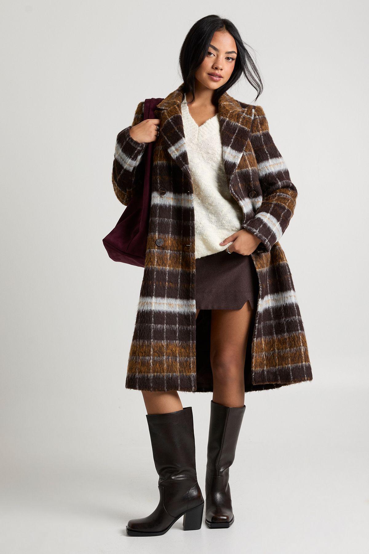 Check Double Breasted Wool Look Coat by BOOHOO
