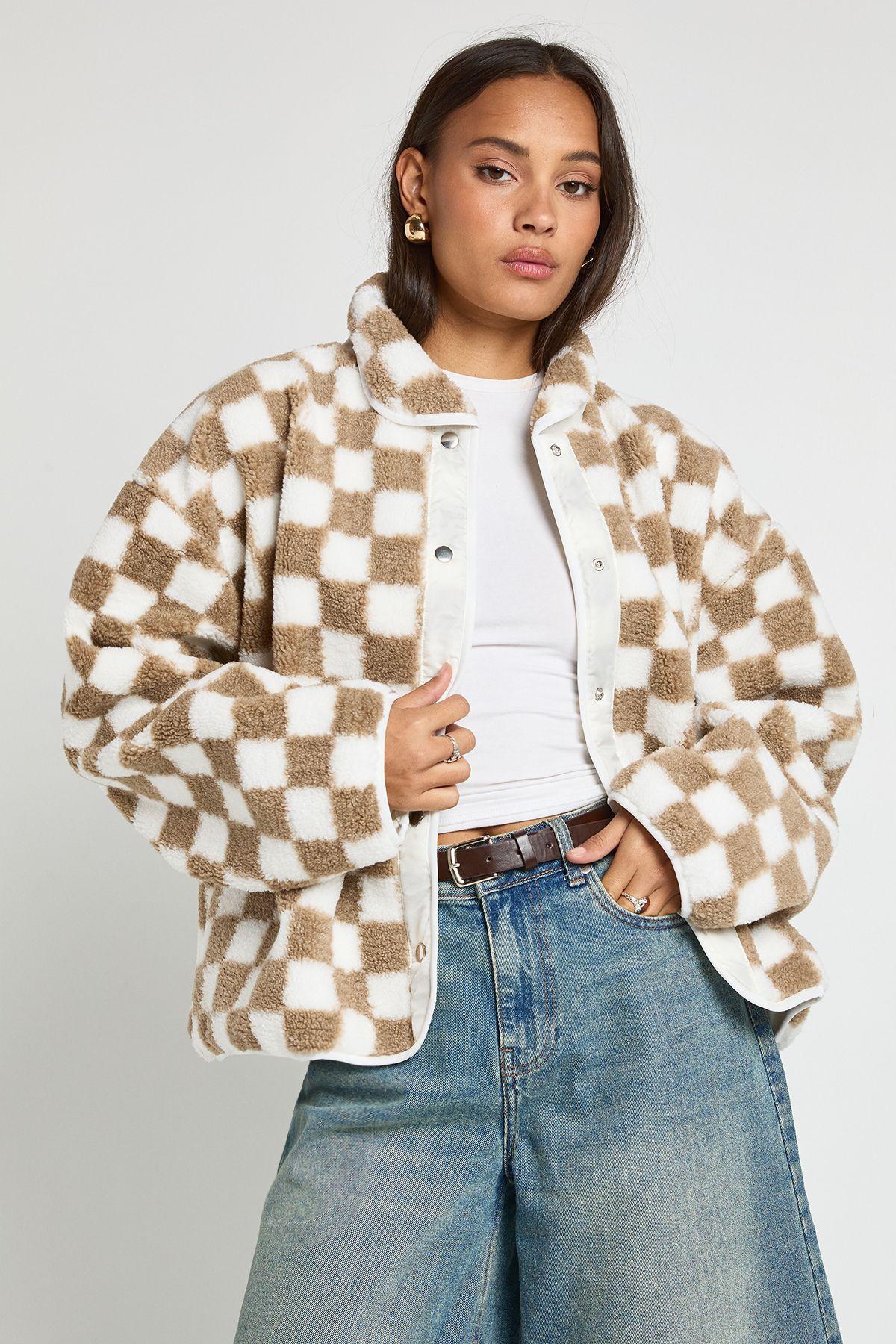 Check Oversized Teddy Jacket by BOOHOO