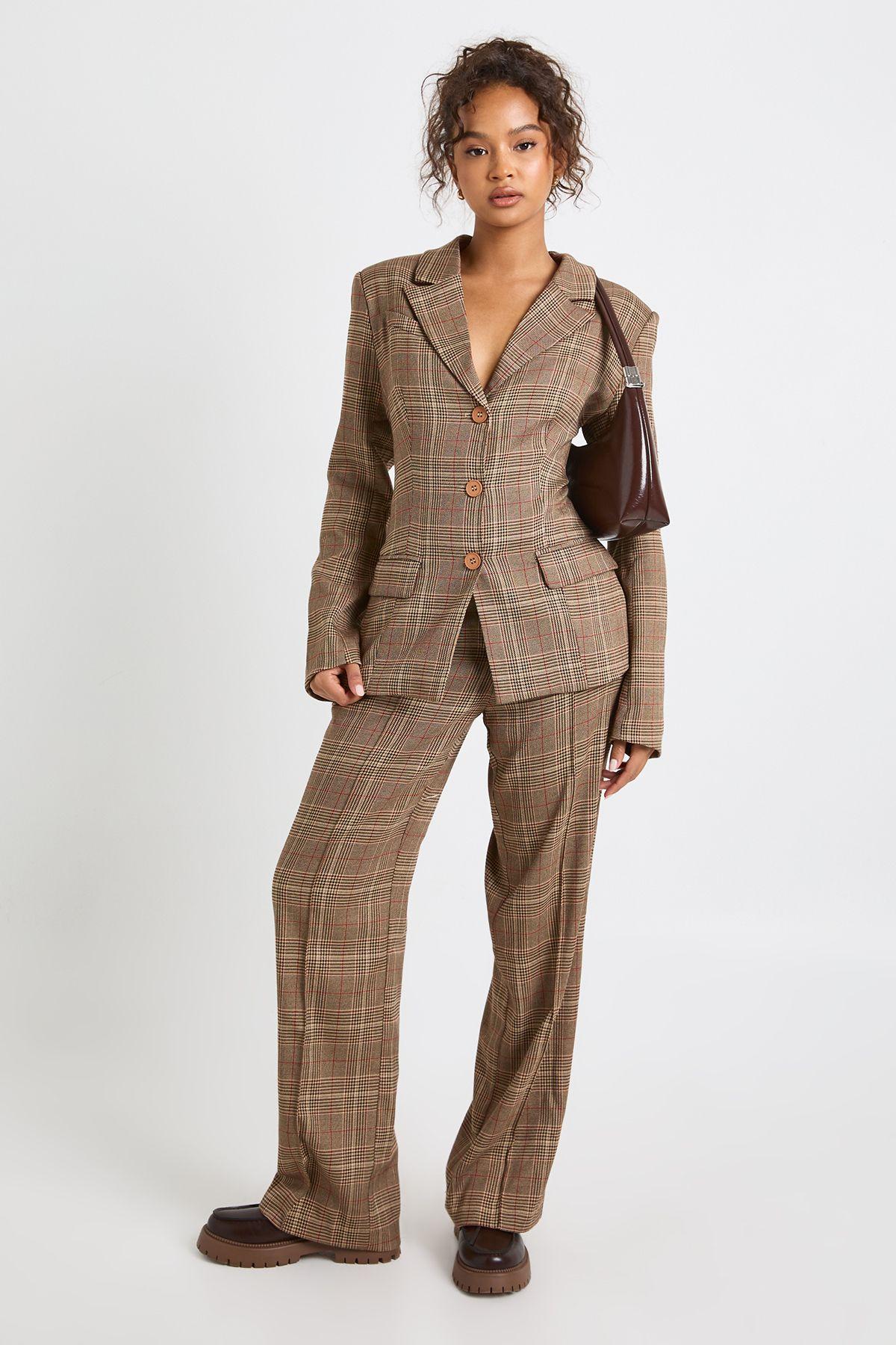 Check Seam Detail Straight Trousers by BOOHOO
