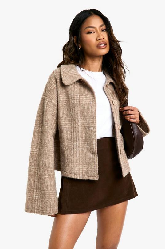 Check Wool Look Collar Jacket by BOOHOO