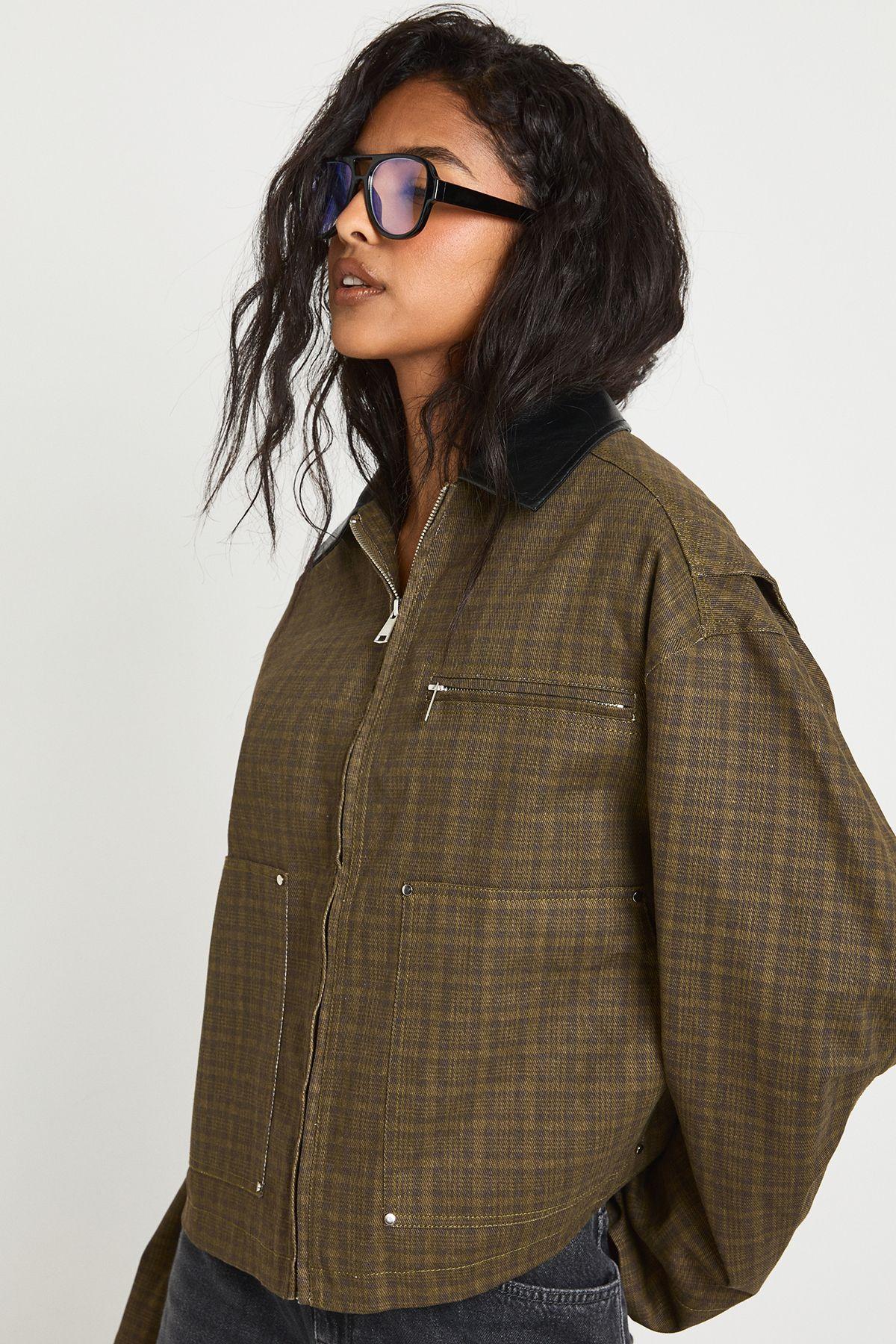 Check Zip Jacket with Contrast Collar by BOOHOO