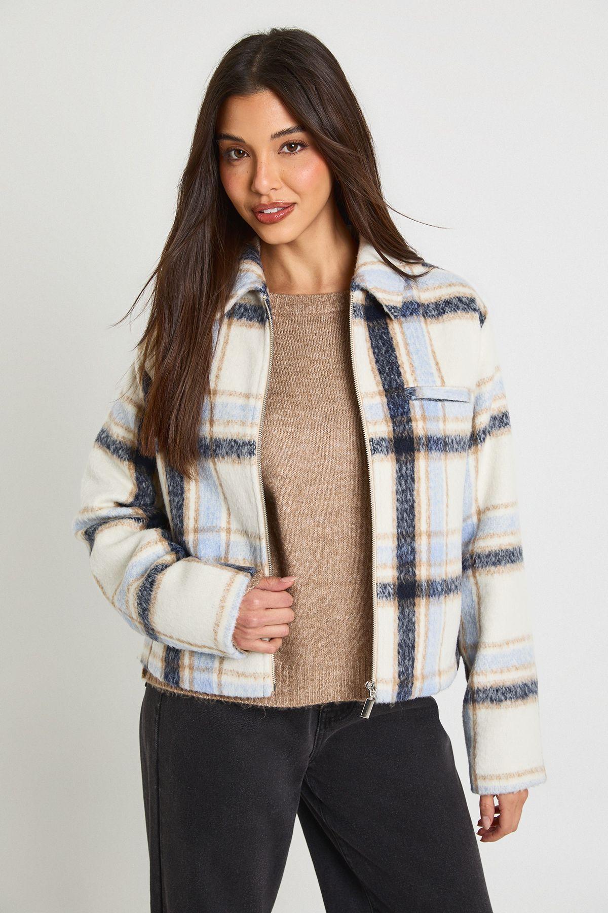 Check Zip Wool Look Jacket by BOOHOO