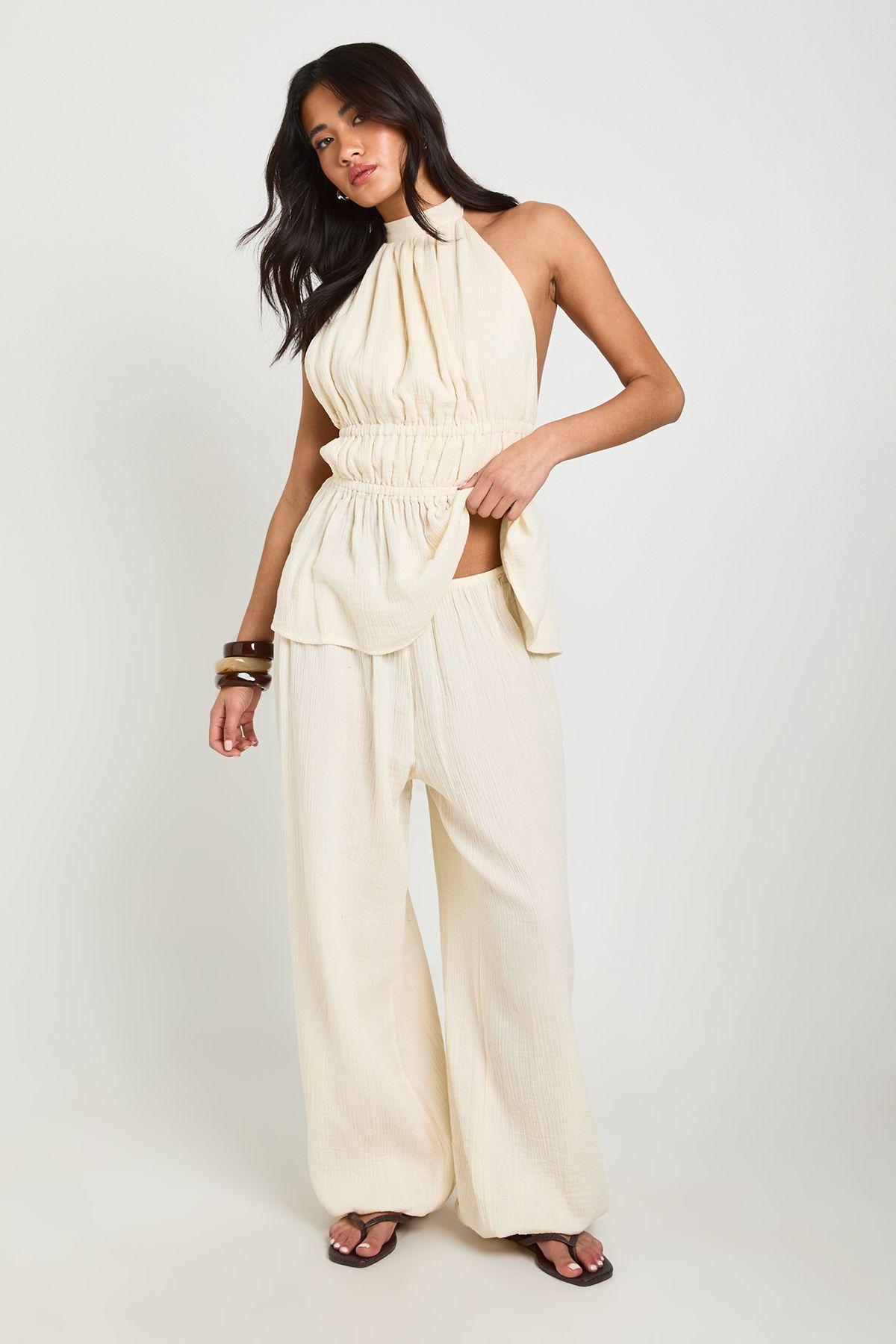 Cheesecloth Balloon Leg Trousers by BOOHOO