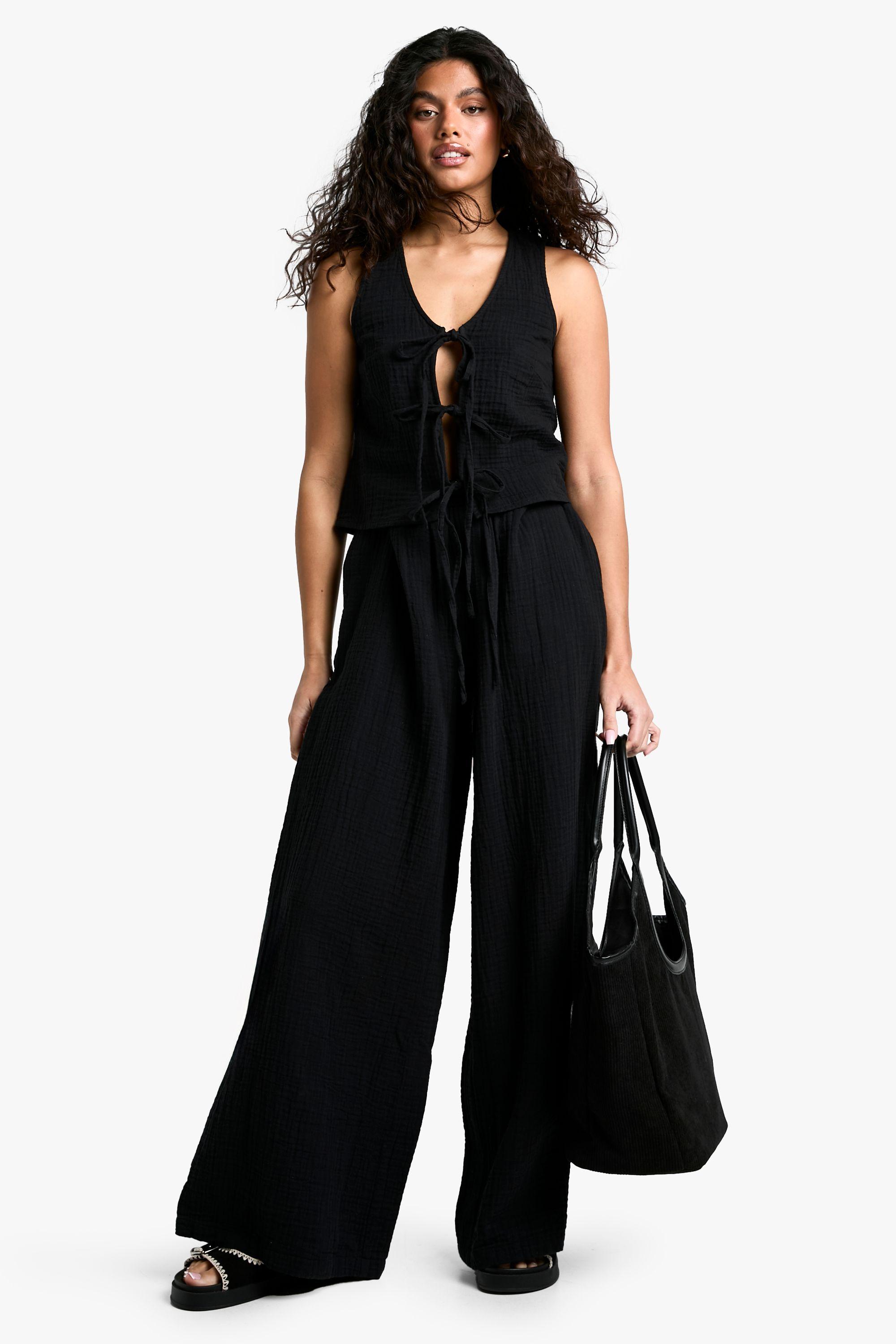 Cheesecloth Elasticated Waist Wide Leg Trousers by BOOHOO