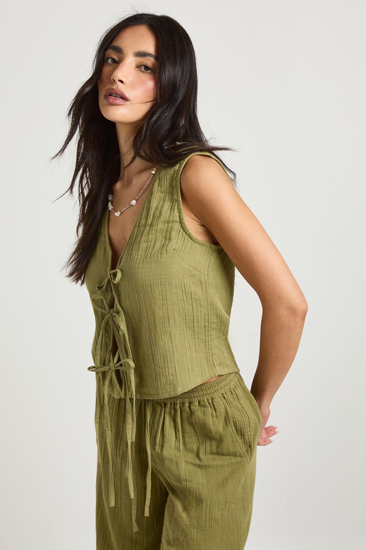 Cheesecloth Tie Front Sleeveless Top by BOOHOO