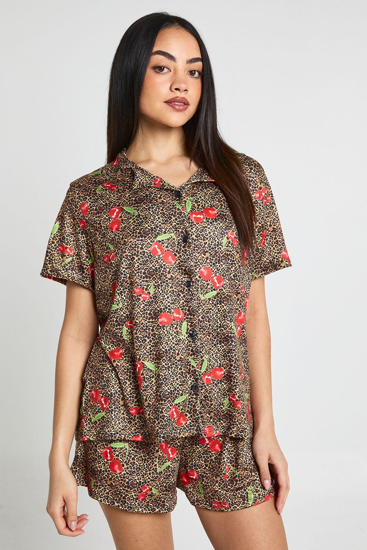 Cherries & Leopard Print Short Sleeve Shirt & Shorts PJ Set by BOOHOO