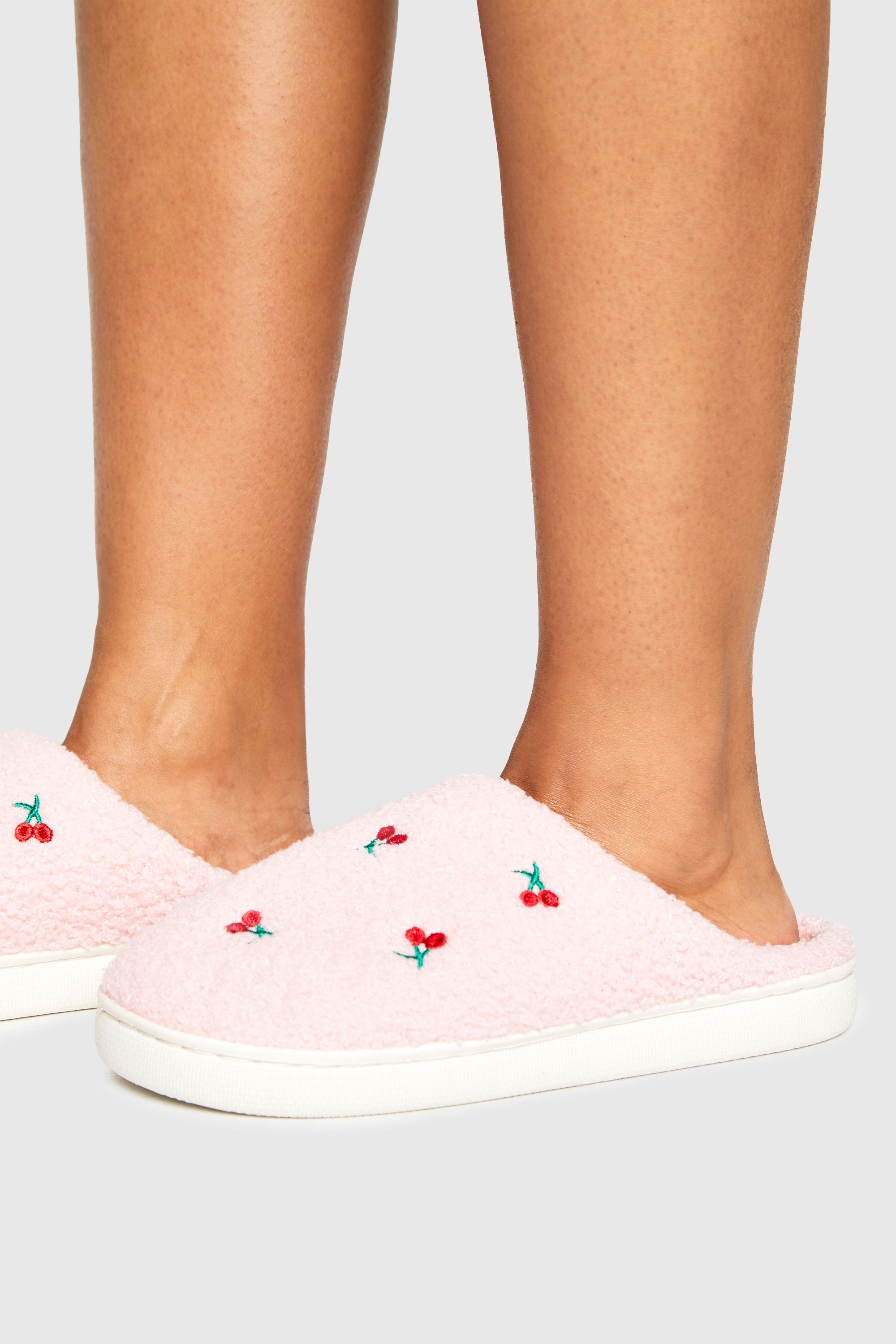 Cherry Embroidered Fluffy Slippers by BOOHOO