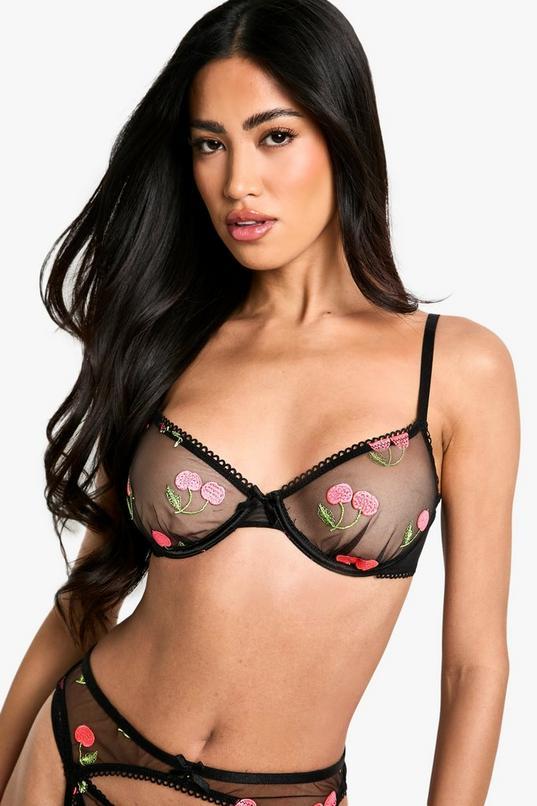 Cherry Embroidered Underwire Bra by BOOHOO