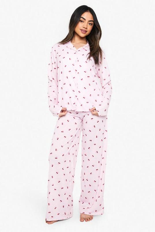 Cherry Print Long Sleeve Shirt & Trousers Pyjama Set by BOOHOO