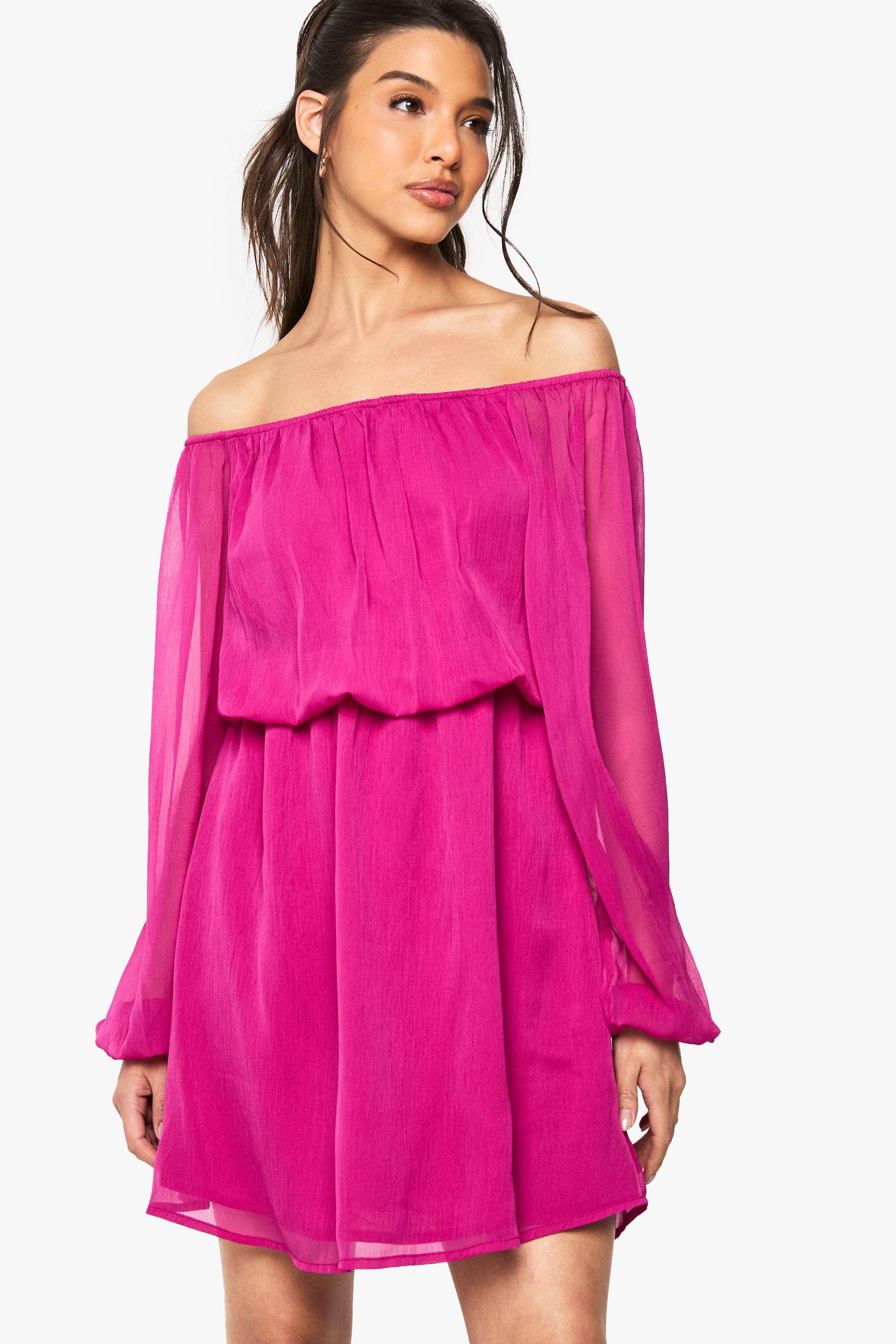 Chiffon Bardot Sleeve Asymmetric Mini Dress by BOOHOO