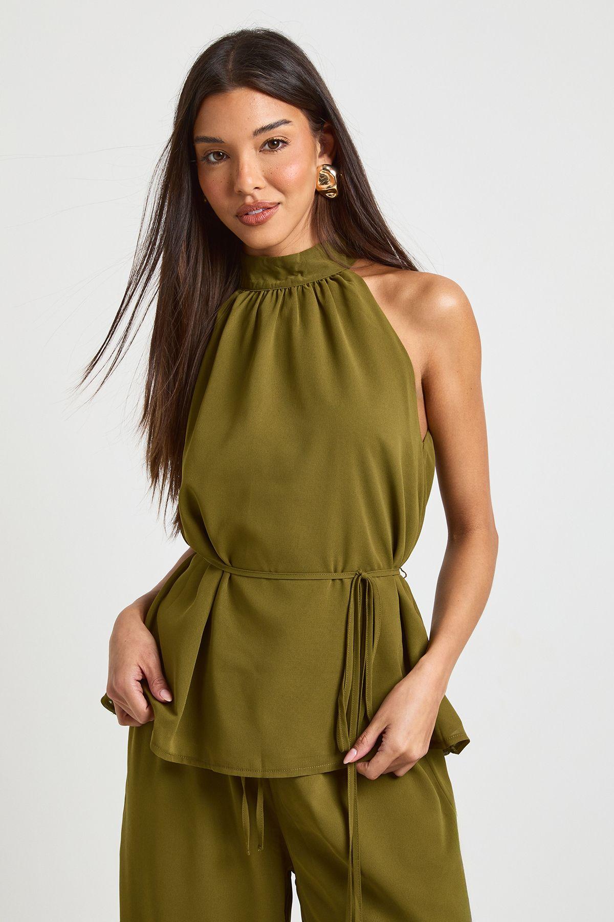Chiffon Belted Halterneck Top by BOOHOO