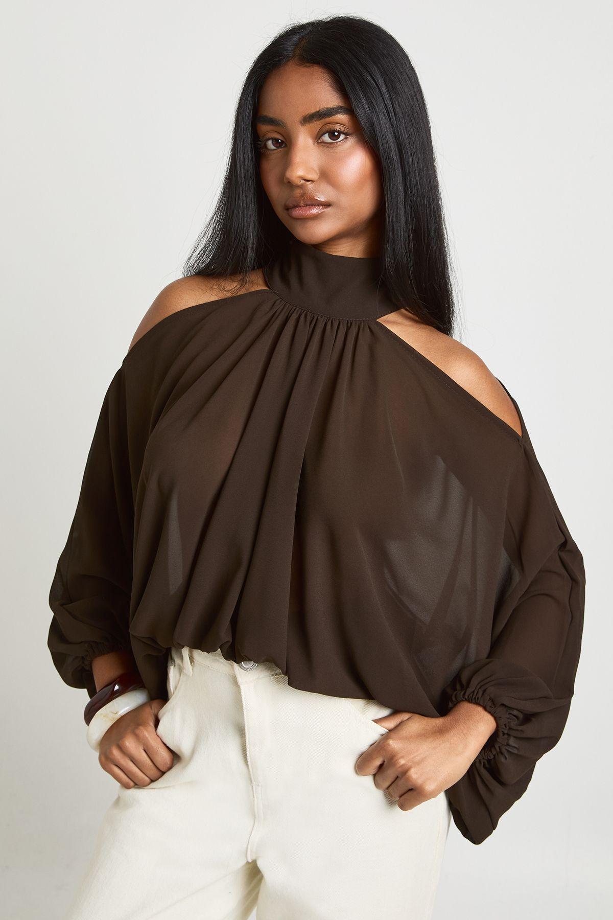 Chiffon Cold Shoulder Volume Sleeve Blouse by BOOHOO