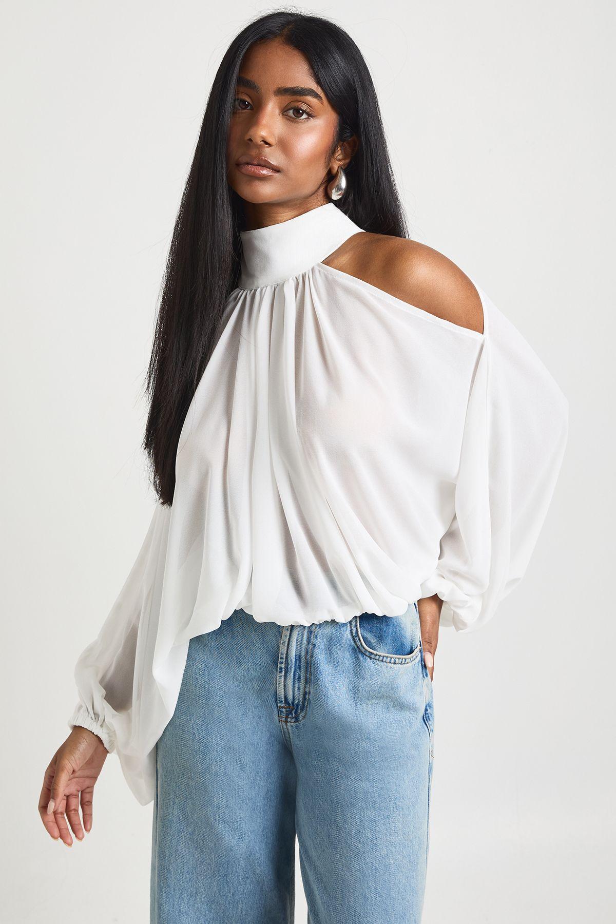 Chiffon Cold Shoulder Volume Sleeve Blouse by BOOHOO