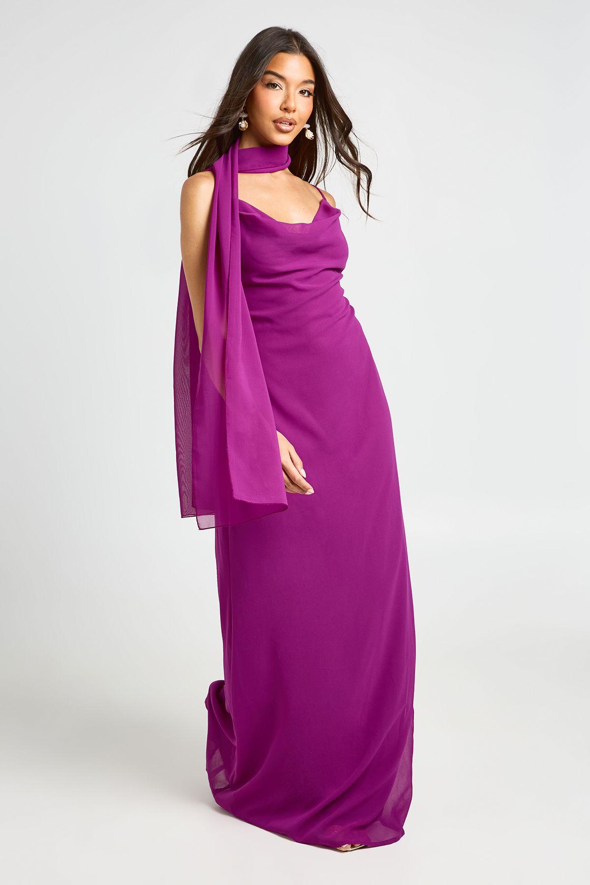 Chiffon Cowl Neck Maxi Dress With Scarf by BOOHOO
