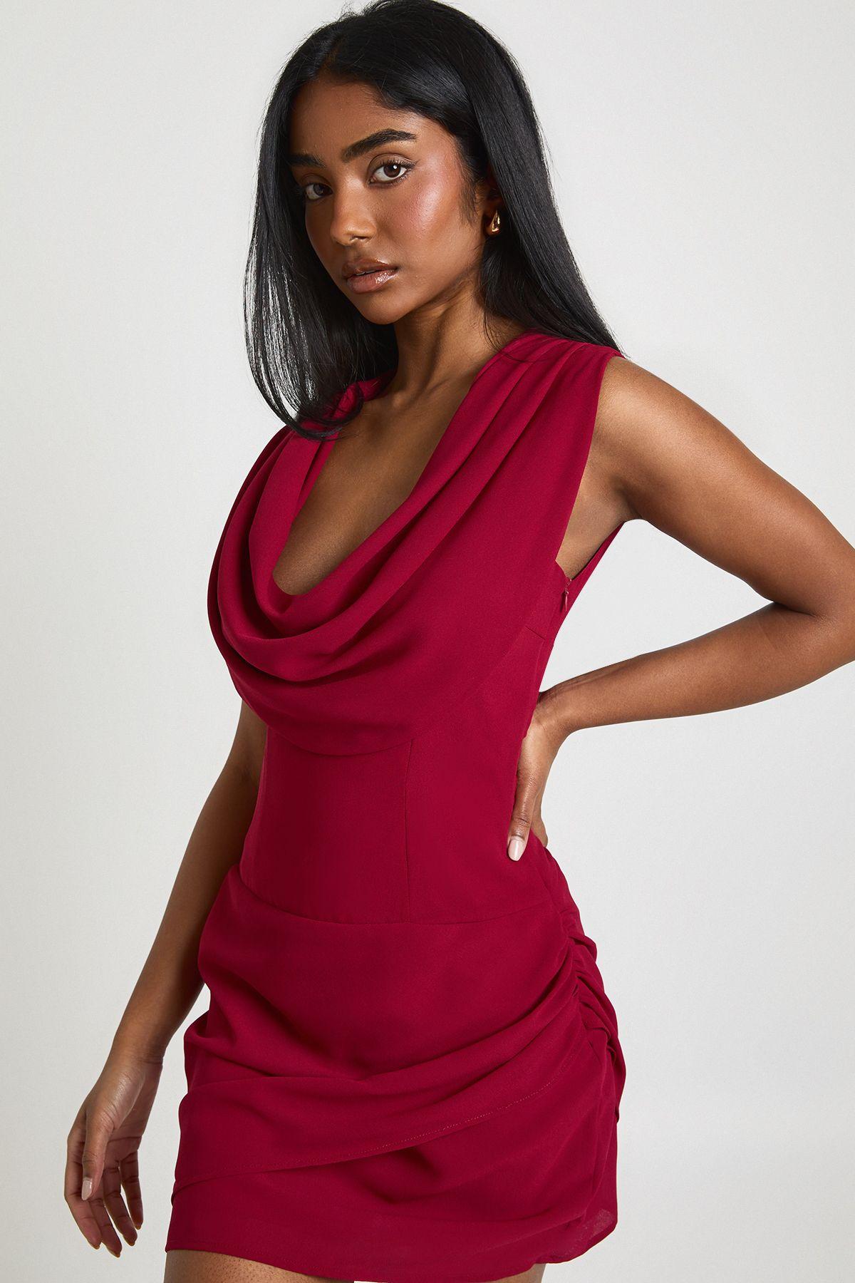 Chiffon Cowl Neck Sleeveless Scarf Neck Mini Dress by BOOHOO