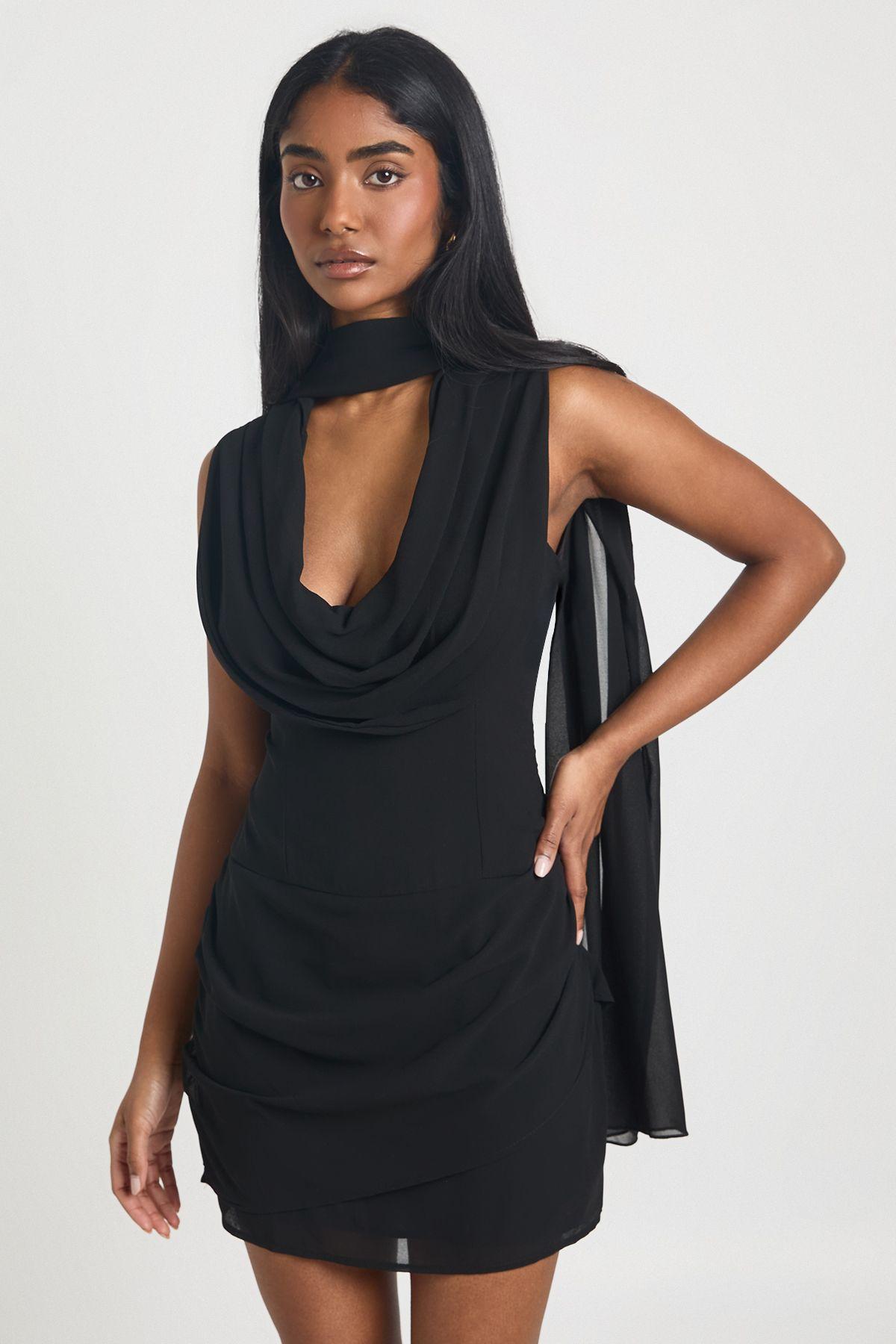 Chiffon Cowl Neck Sleeveless Scarf Neck Mini Dress by BOOHOO