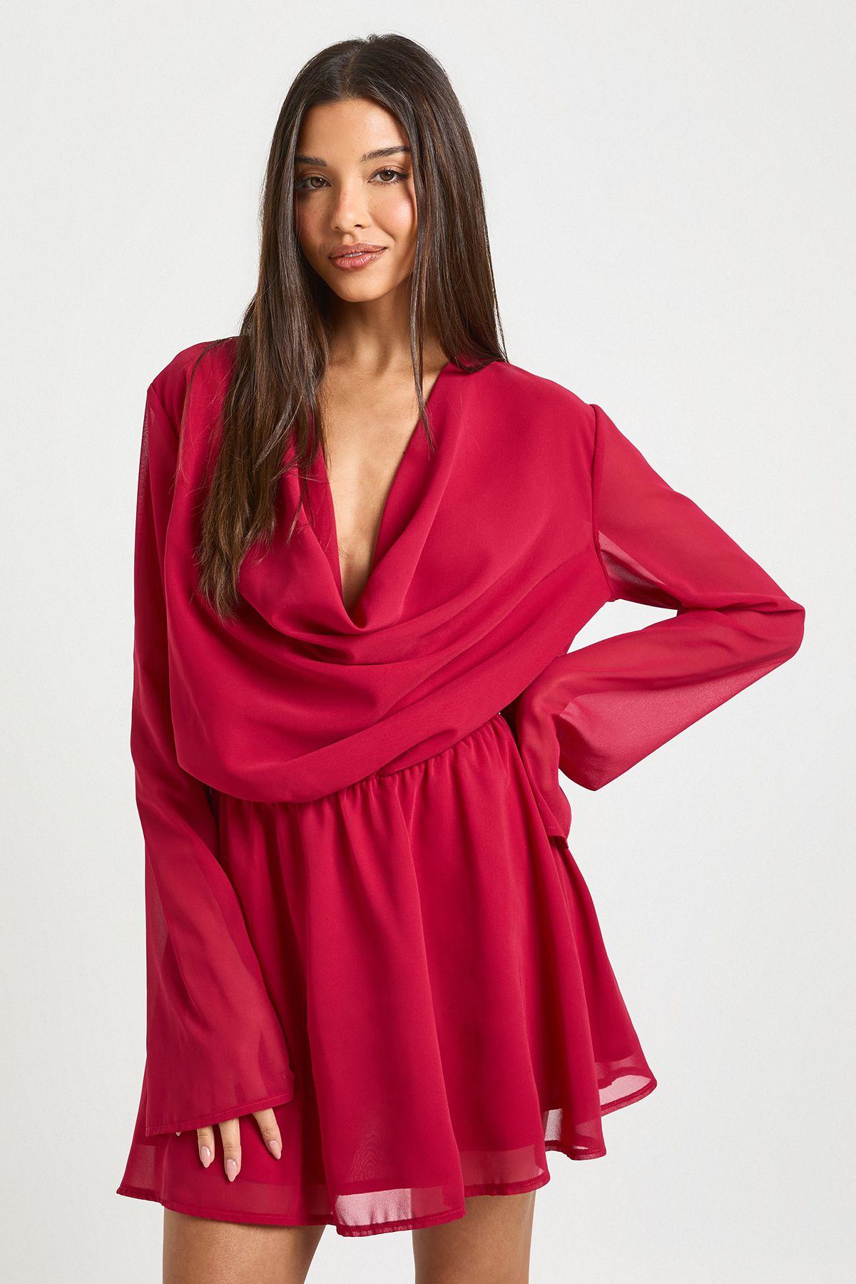 Chiffon Deep Cowl Mini Dress by BOOHOO