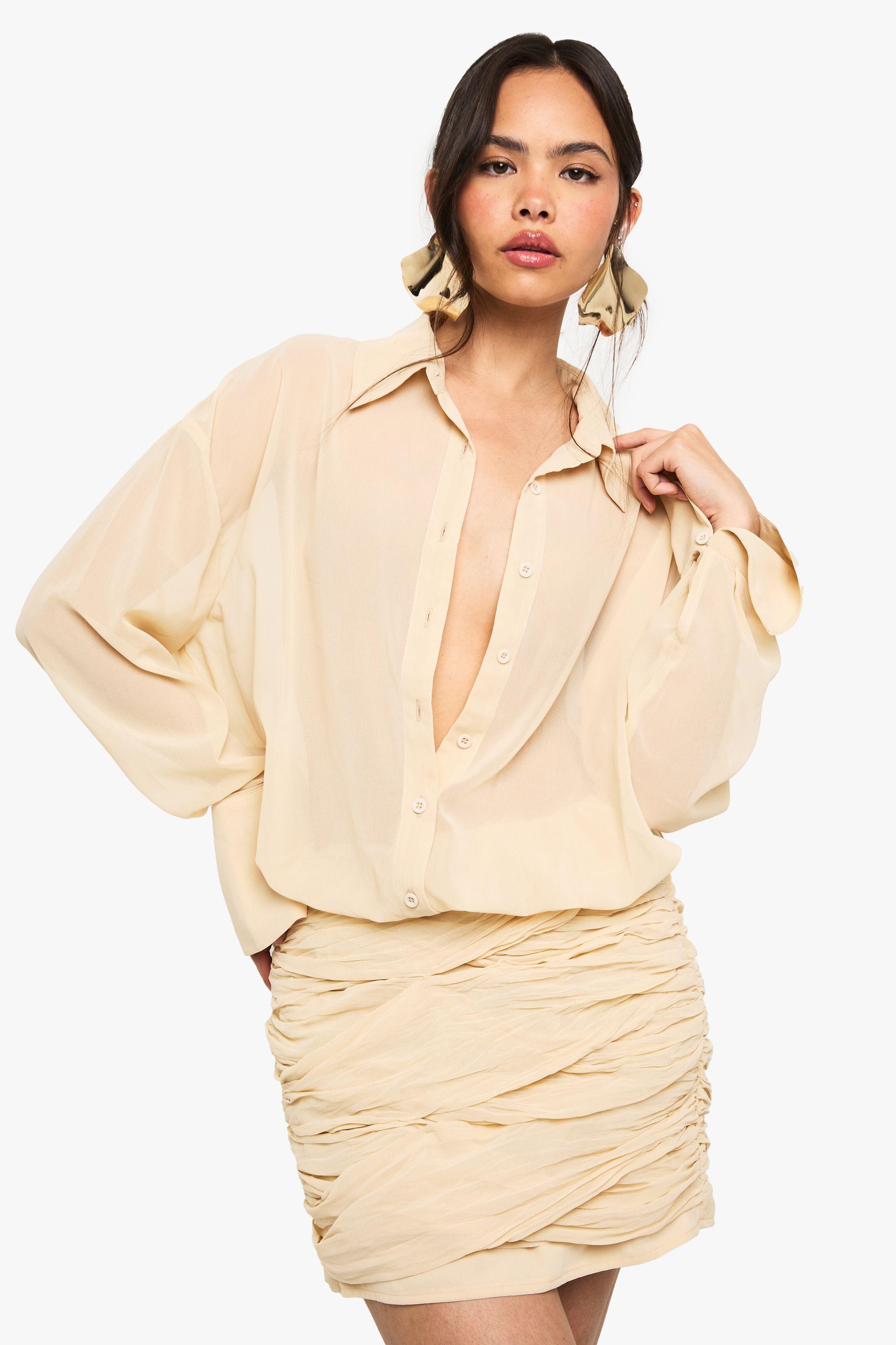 Chiffon Drop Waist Ruched Shirt Dress by BOOHOO