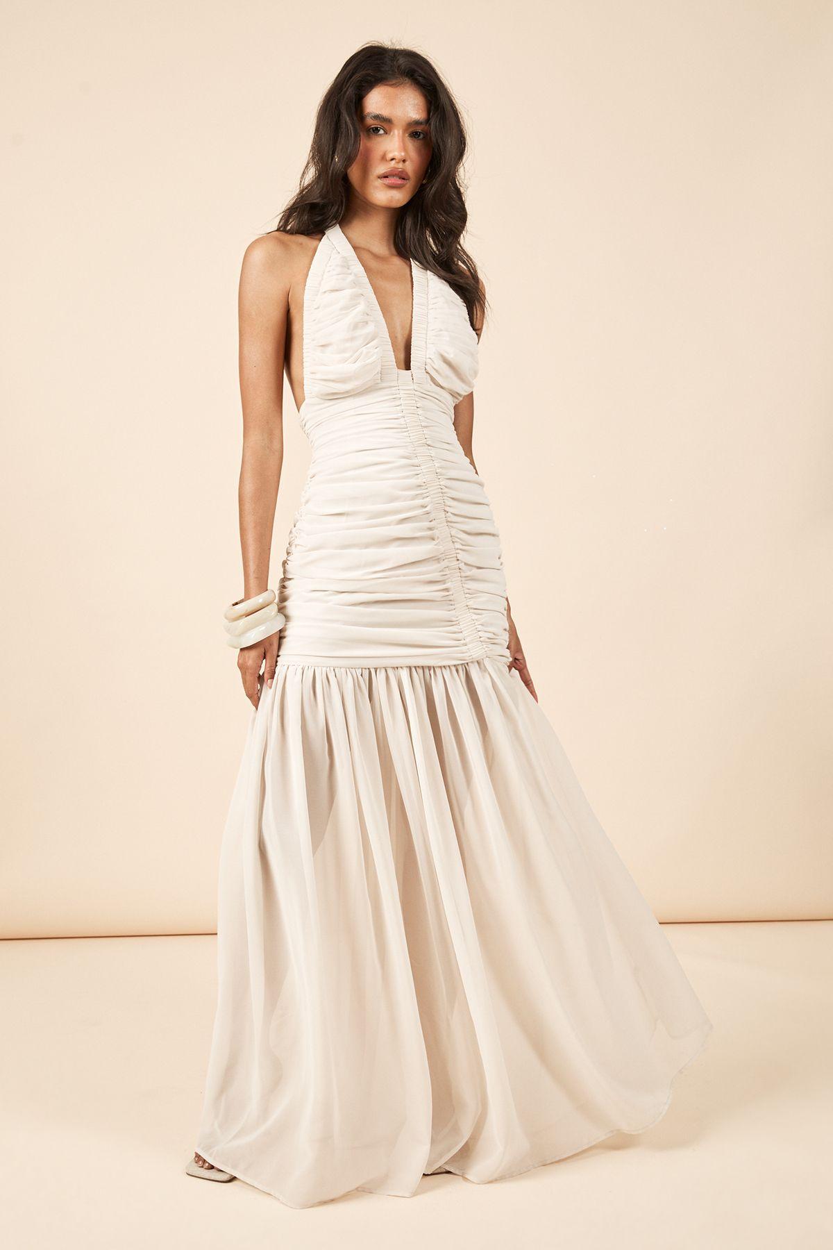 Chiffon Extreme Ruched Plunge Front Maxi Dress by BOOHOO