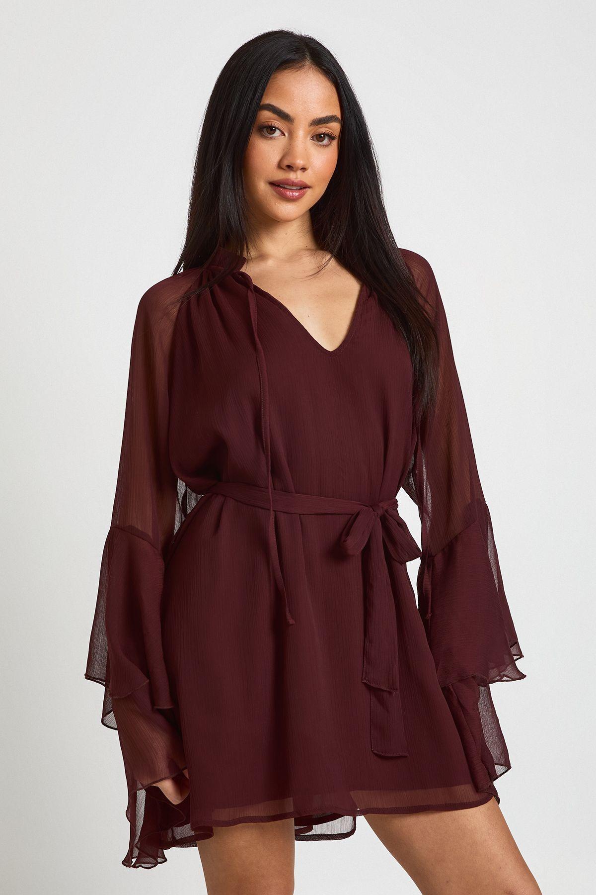 Chiffon Flared Sleeve Mini Dress by BOOHOO