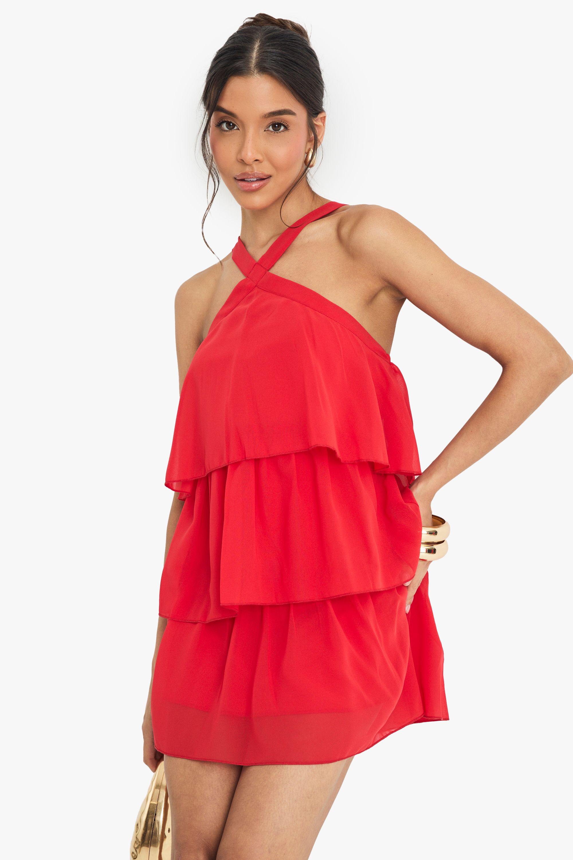 Chiffon Halterneck Layered Mini Dress by BOOHOO