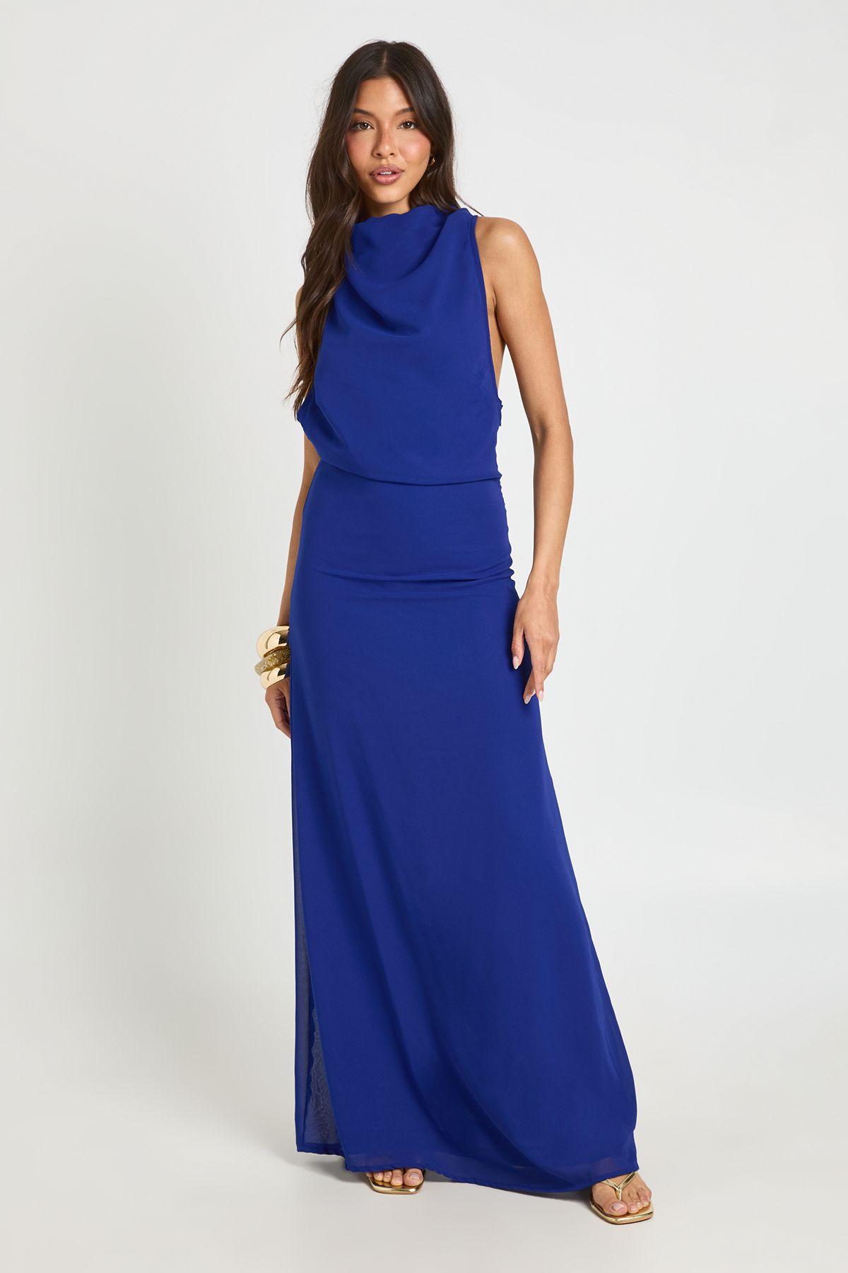 Chiffon High Cowl Neck Open Back Maxi Dress by BOOHOO